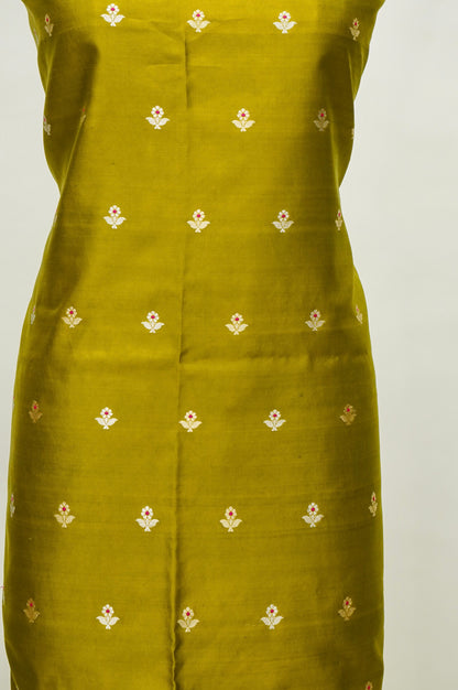 Mustard Yellow Handwoven Banarasi Pure Katan Silk Meenakari Suit with Rani Pink Dupatta