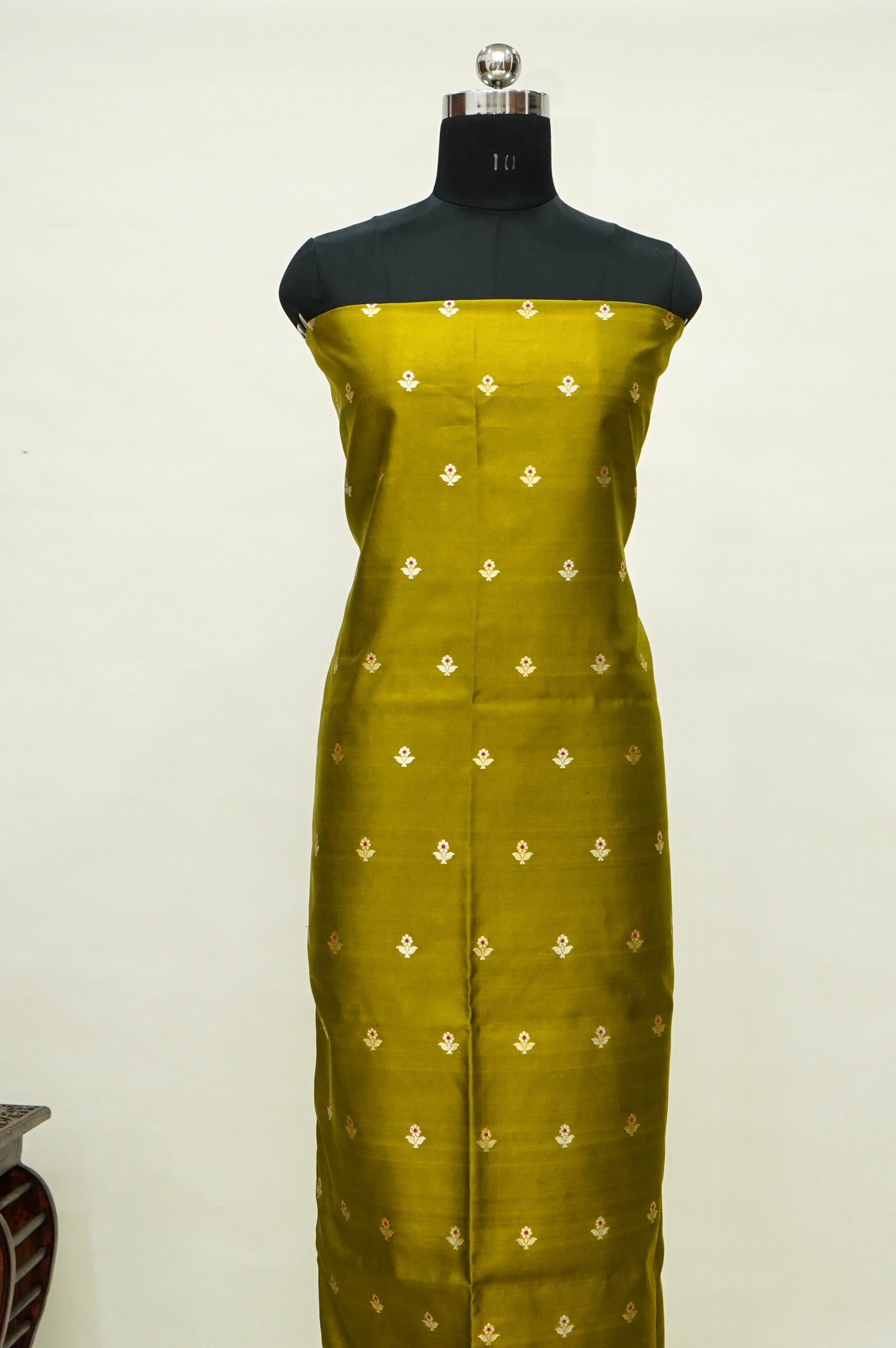 Mustard Yellow Handwoven Banarasi Pure Katan Silk Meenakari Suit with Rani Pink Dupatta