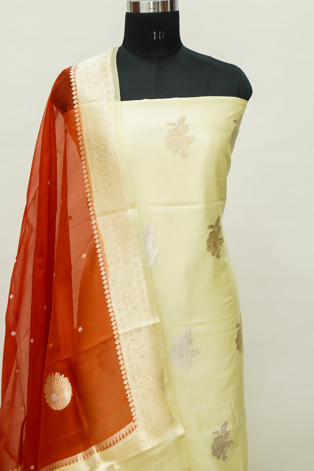 Pastel Yellow Handwoven Banarasi Pure Katan Silk Suit with Rust Orange dupatta