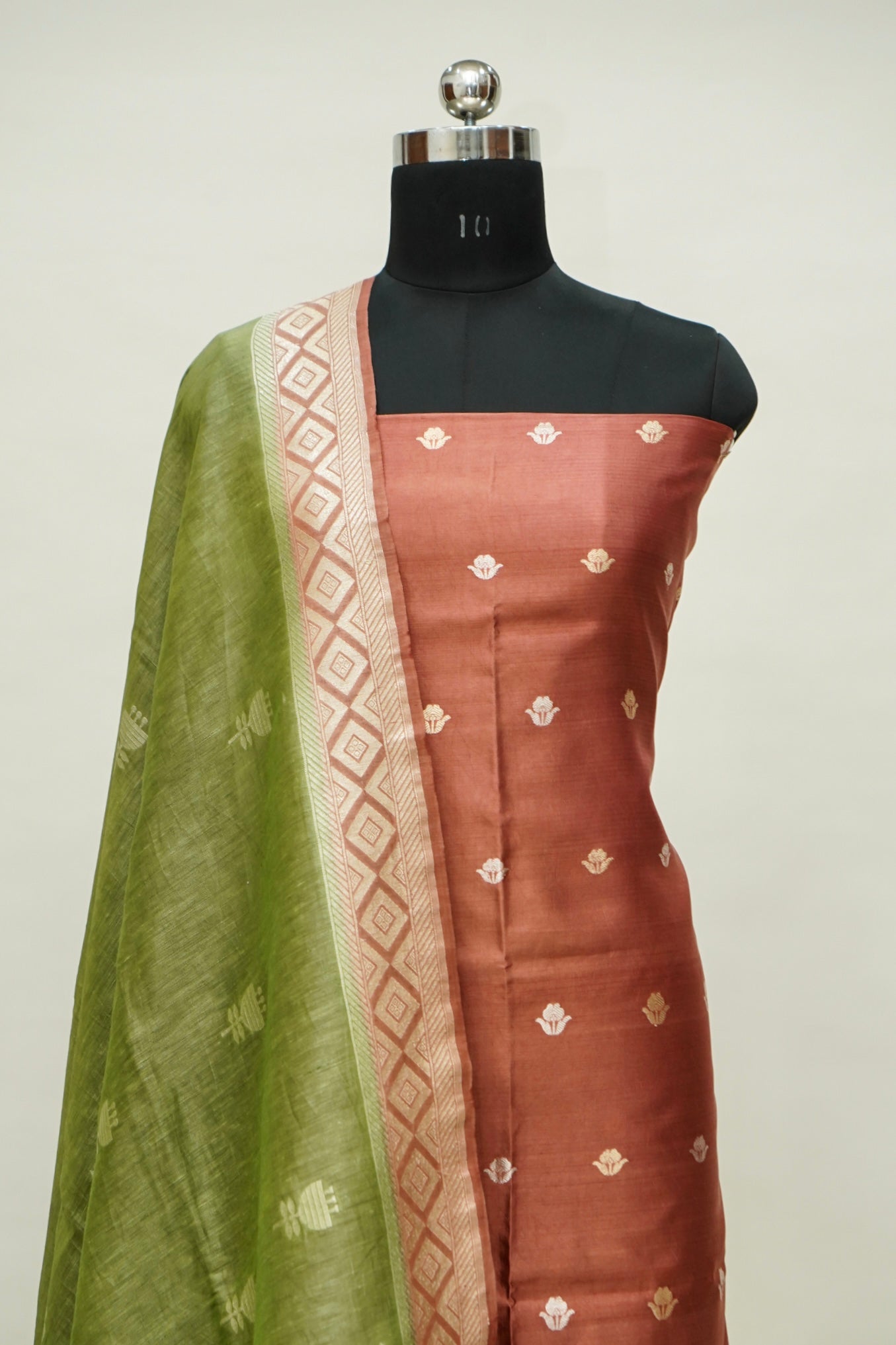 Rust Handwoven Banarasi Pure Katan Silk Suit with Green dupatta