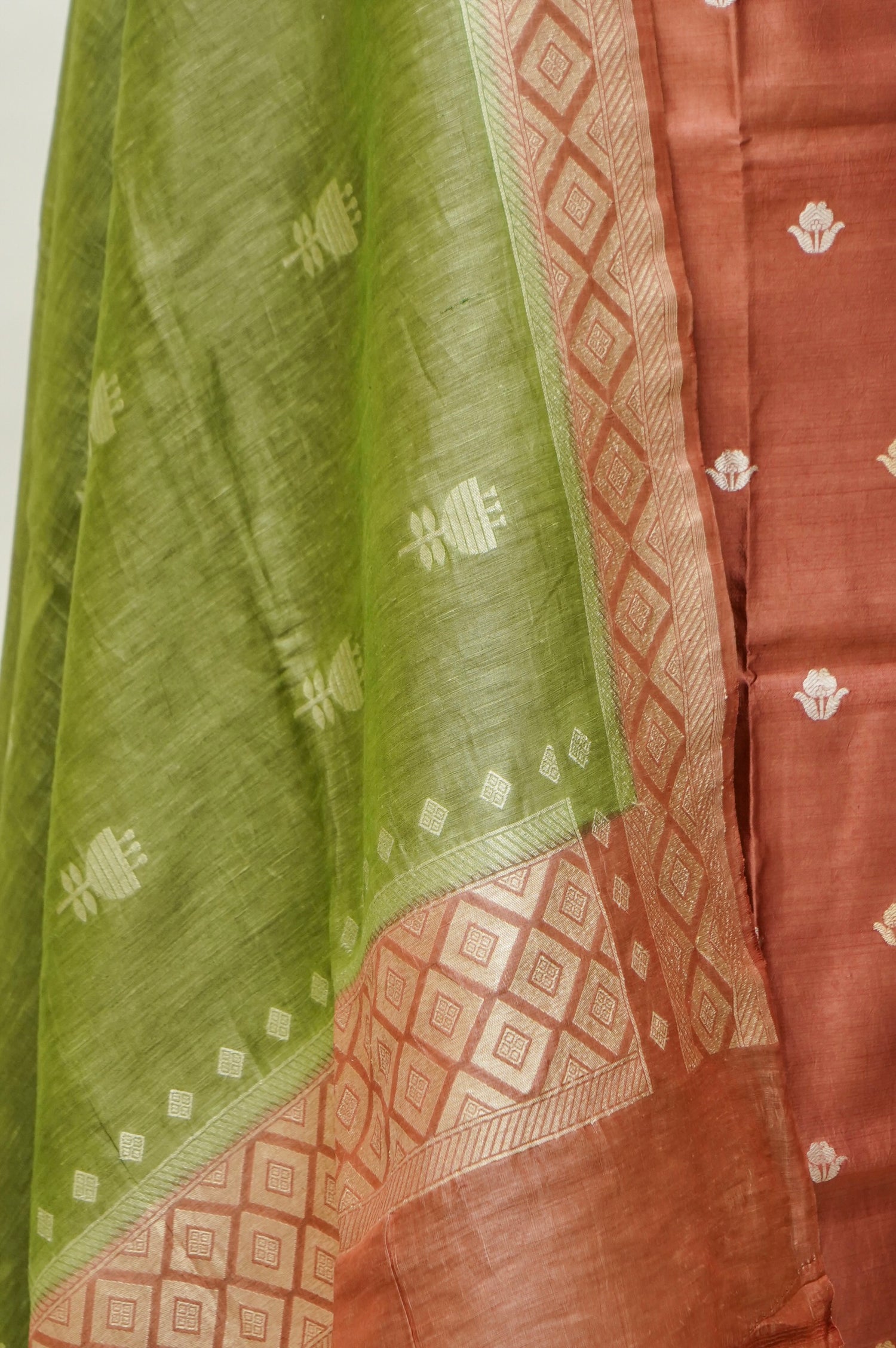 Rust Handwoven Banarasi Pure Katan Silk Suit with Green dupatta