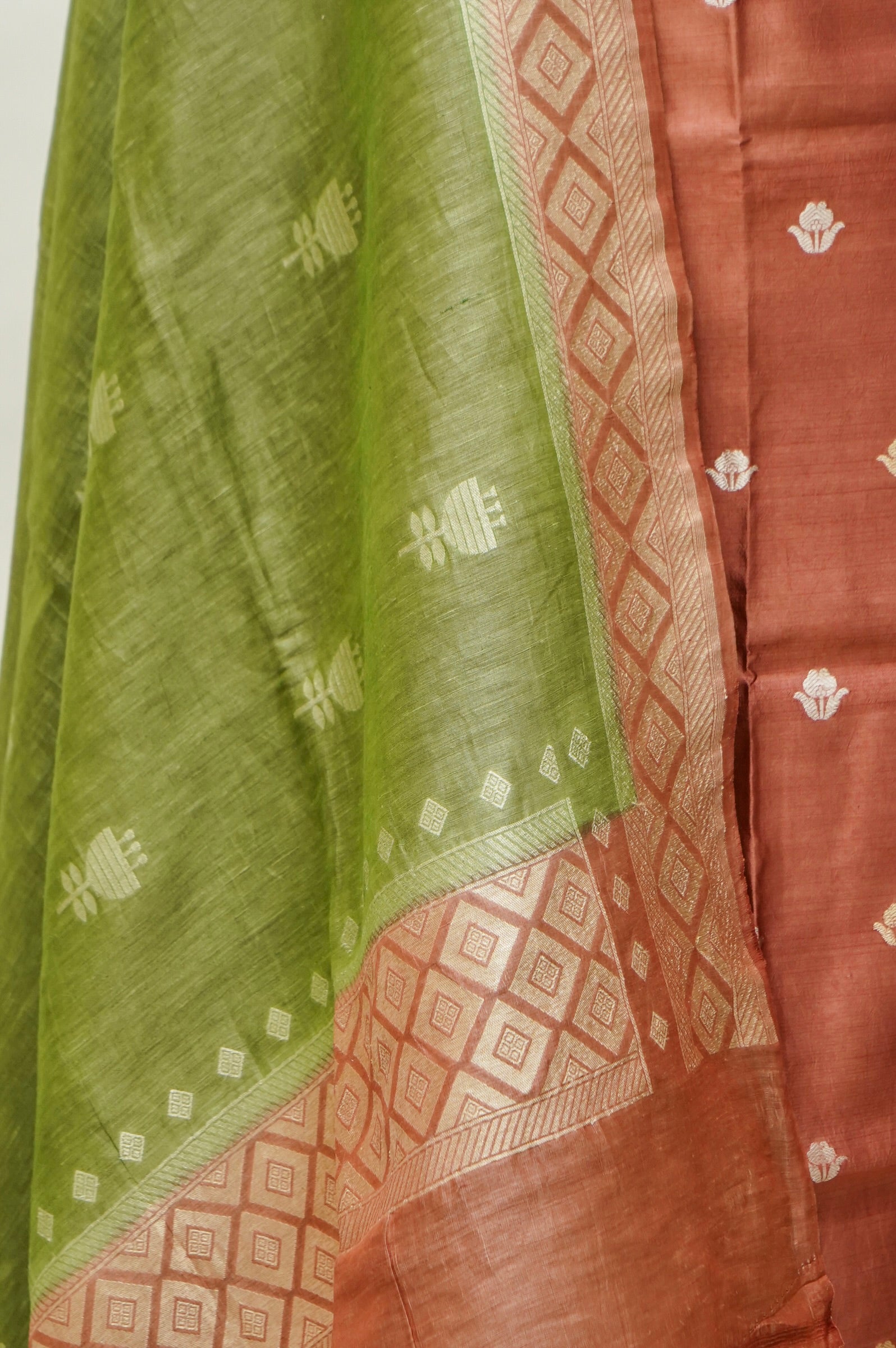 Rust Handwoven Banarasi Pure Katan Silk Suit with Green dupatta