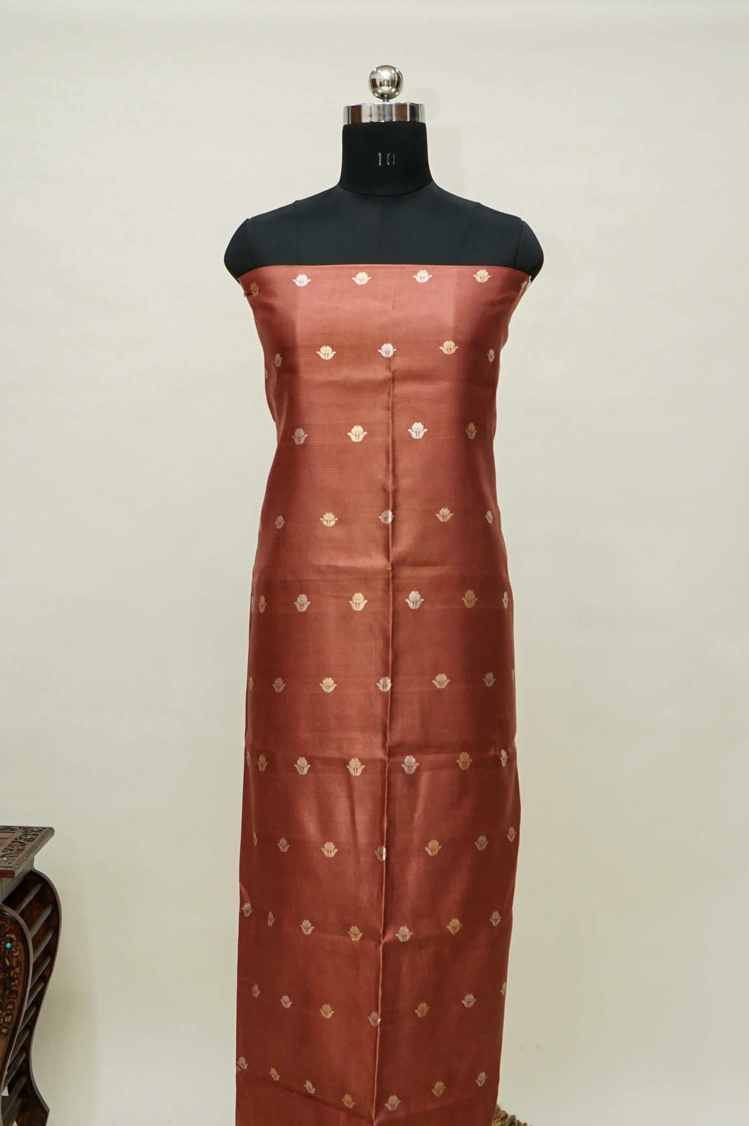 Rust Handwoven Banarasi Pure Katan Silk Suit with Green dupatta