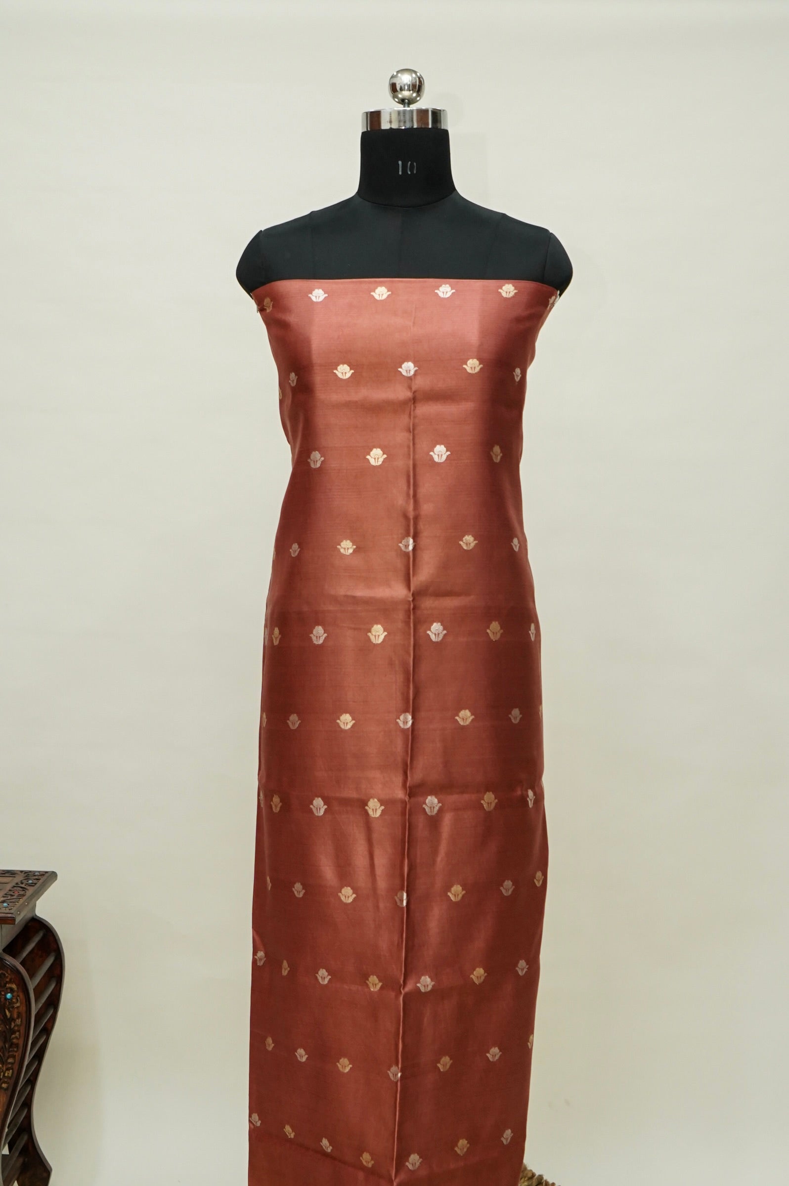 Rust Handwoven Banarasi Pure Katan Silk Suit with Green dupatta