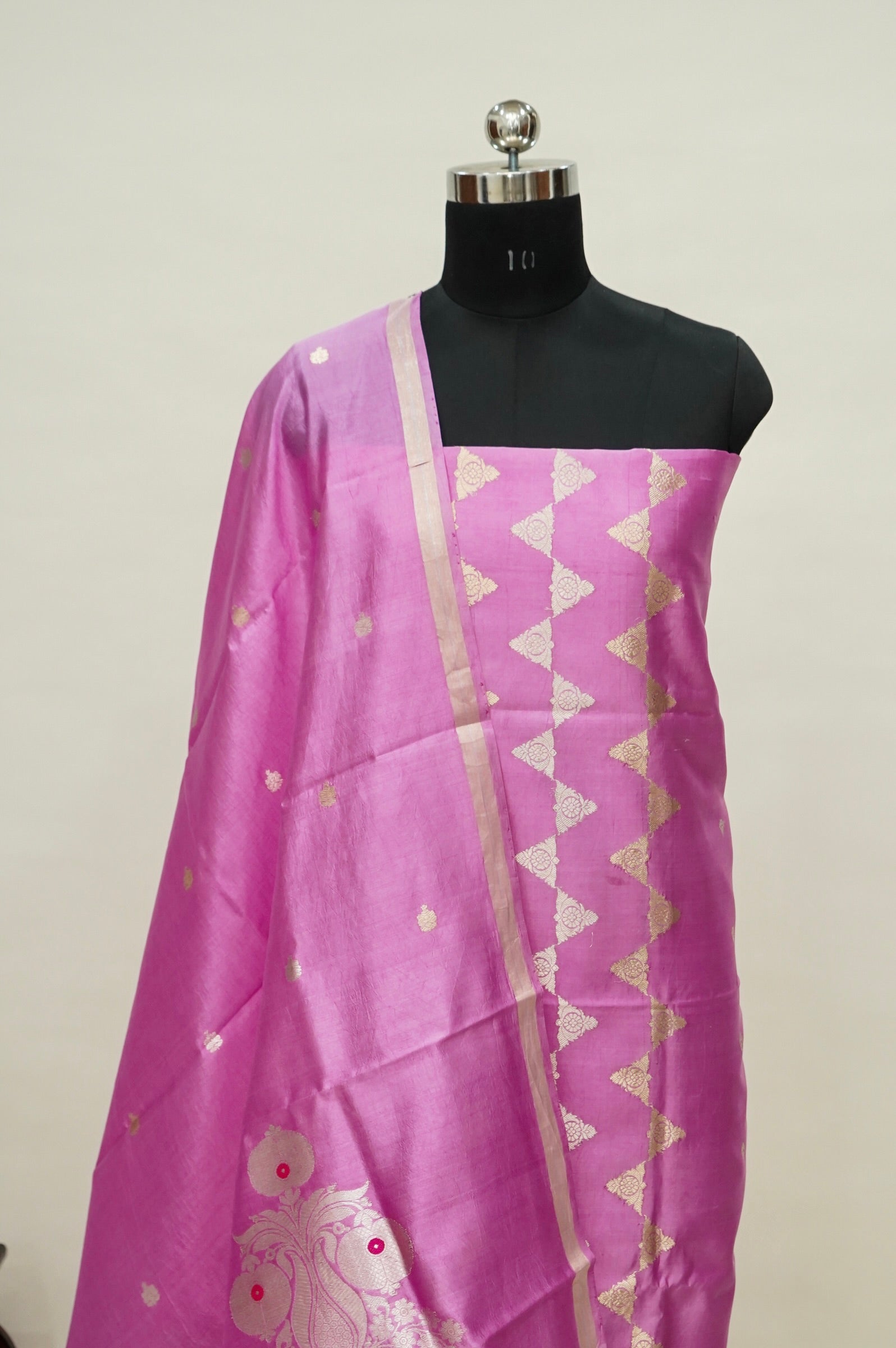 Rani Pink Handwoven Banarasi Pure Katan Silk Designer Suit with dual-tone Pink and Orange Dupatta