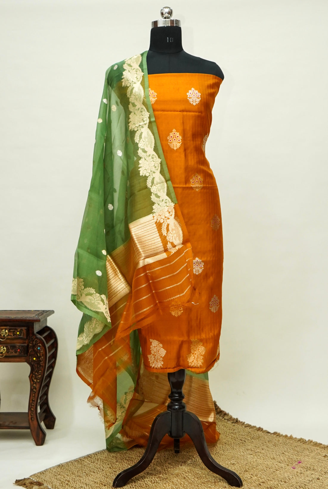 Orange Handwoven Banarasi Pure Katan Silk Suit with Green Dupatta