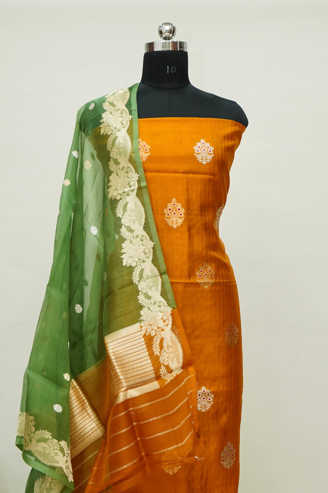 Orange Handwoven Banarasi Pure Katan Silk Suit with Green Dupatta