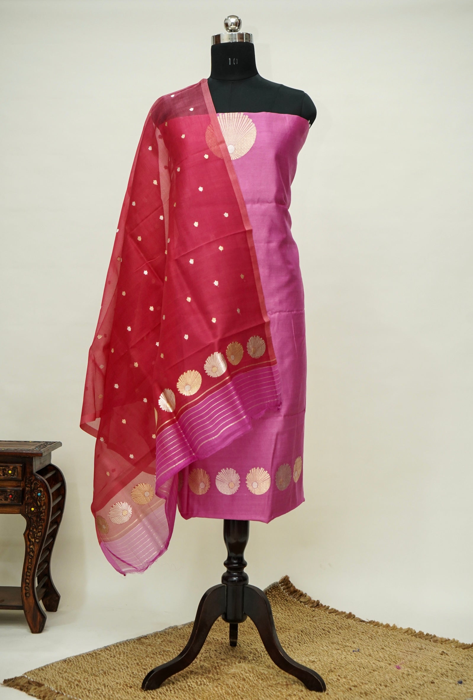 Pink Handwoven Banarasi Pure Katan Silk Meenakari Suit with Red-Pink Dupatta