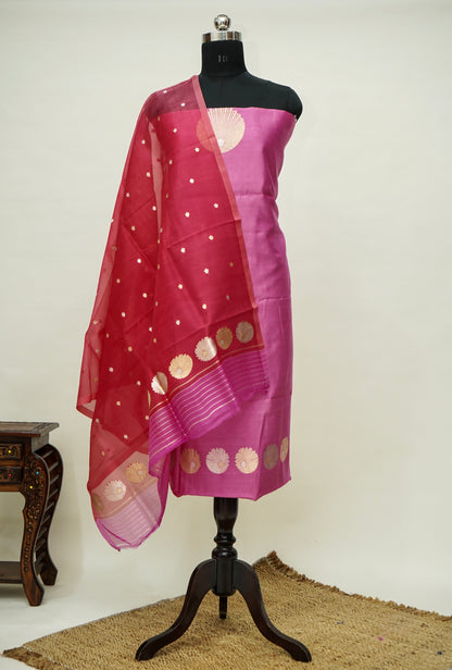 Pink Handwoven Banarasi Pure Katan Silk Meenakari Suit with Red-Pink Dupatta