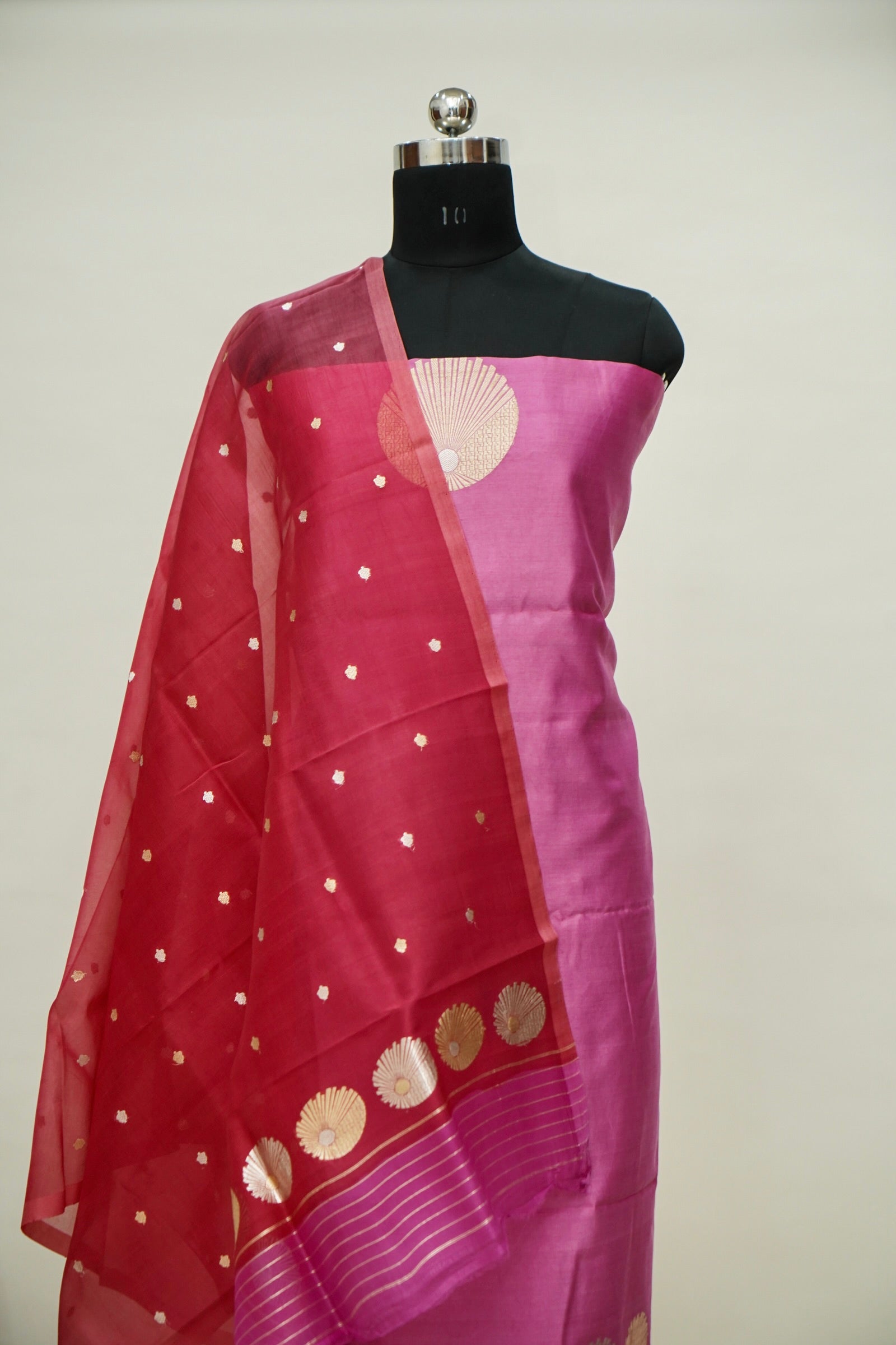 Pink Handwoven Banarasi Pure Katan Silk Meenakari Suit with Red-Pink Dupatta