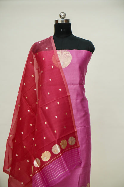 Pink Handwoven Banarasi Pure Katan Silk Meenakari Suit with Red-Pink Dupatta