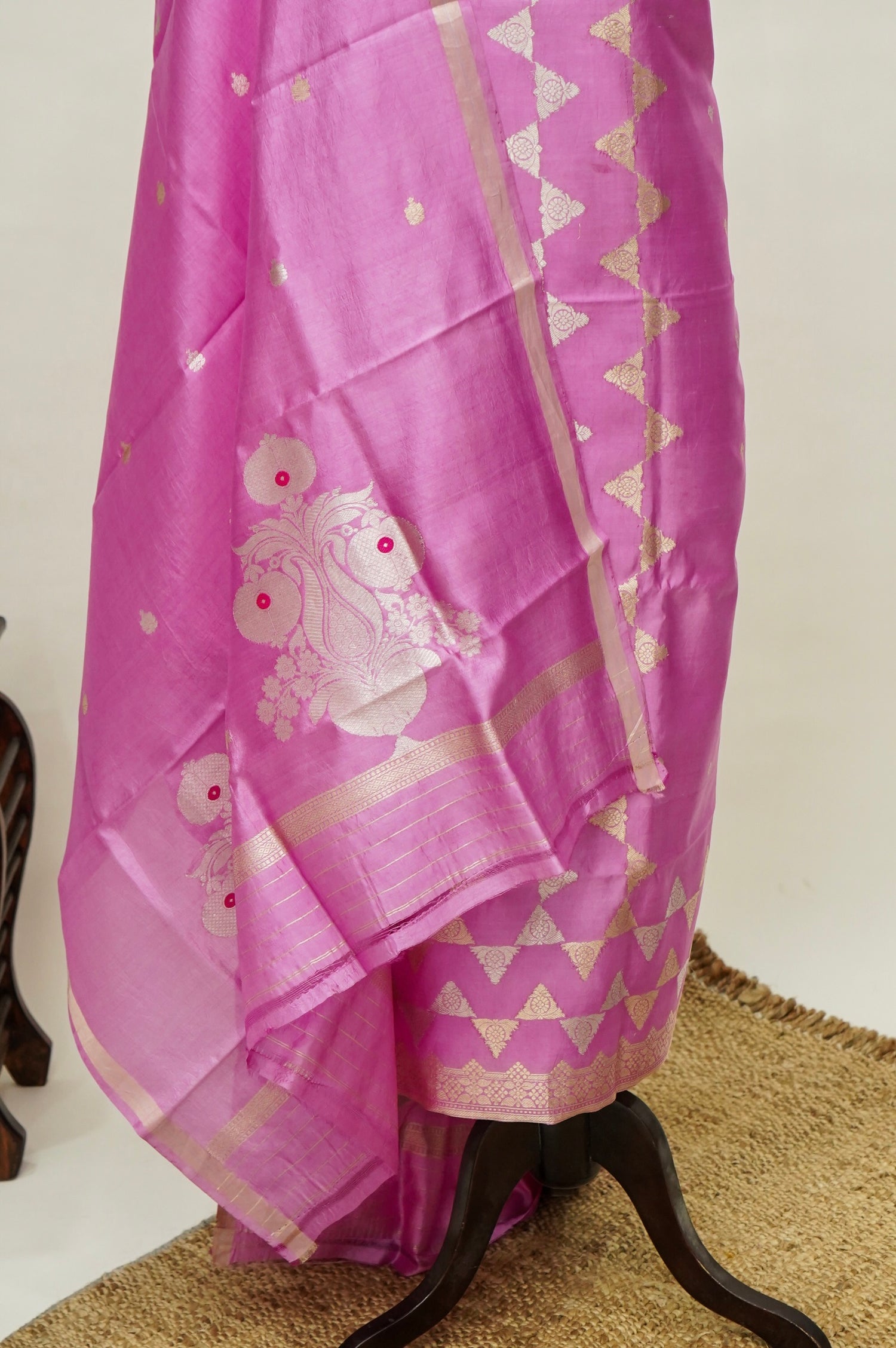 Rani Pink Handwoven Banarasi Pure Katan Silk Designer Suit with dual-tone Pink and Orange Dupatta