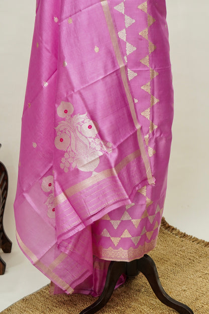 Rani Pink Handwoven Banarasi Pure Katan Silk Designer Suit with dual-tone Pink and Orange Dupatta