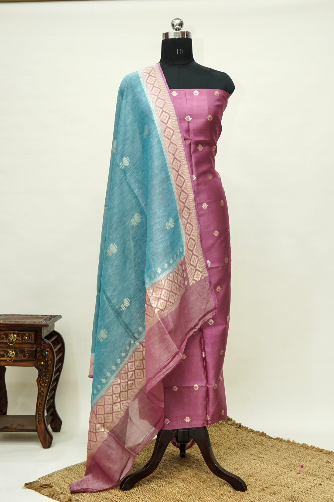 Pink Handwoven Banarasi Pure Katan Silk Suit with Aqua Blue Dupatta