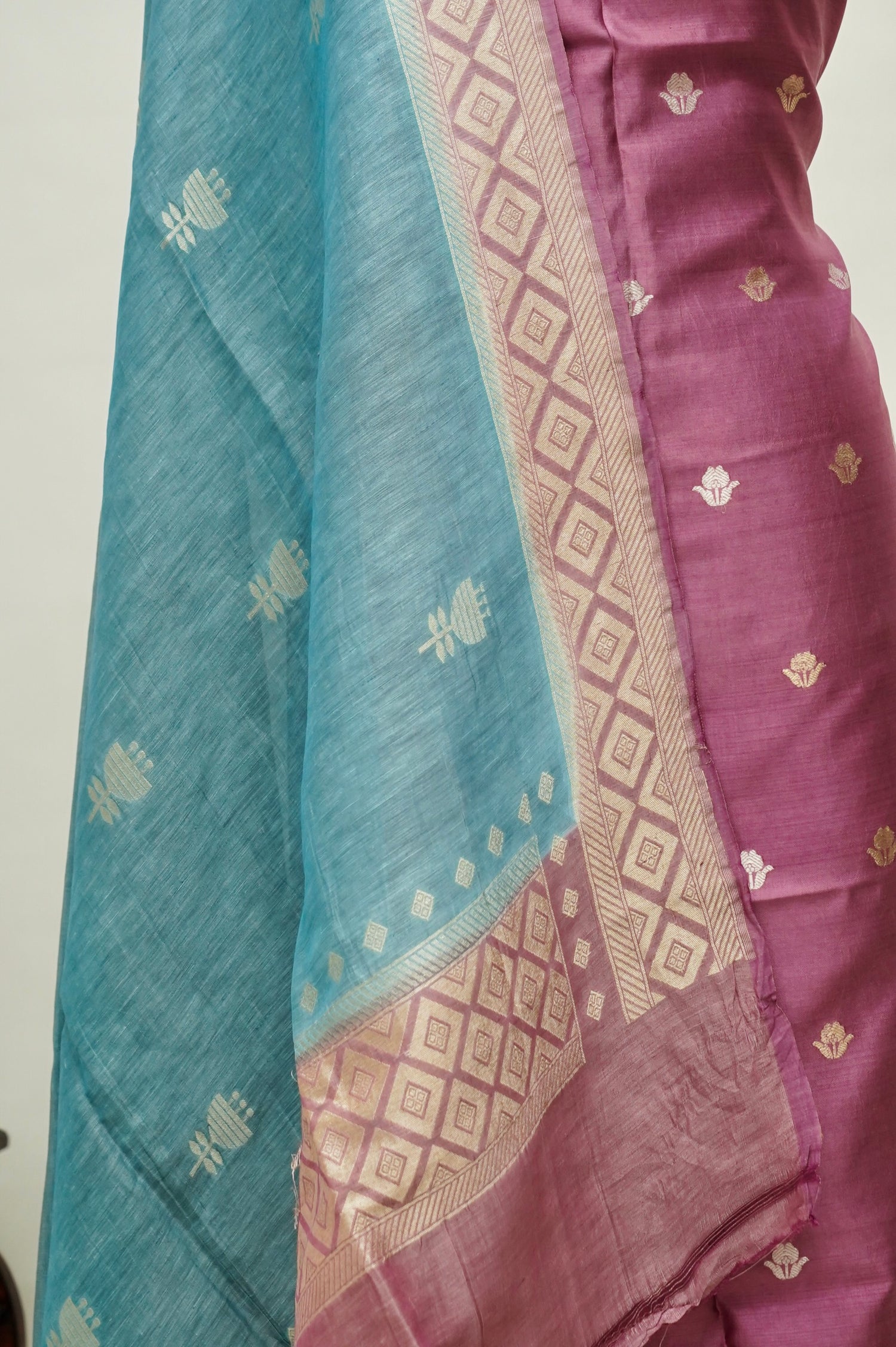 Pink Handwoven Banarasi Pure Katan Silk Suit with Aqua Blue Dupatta