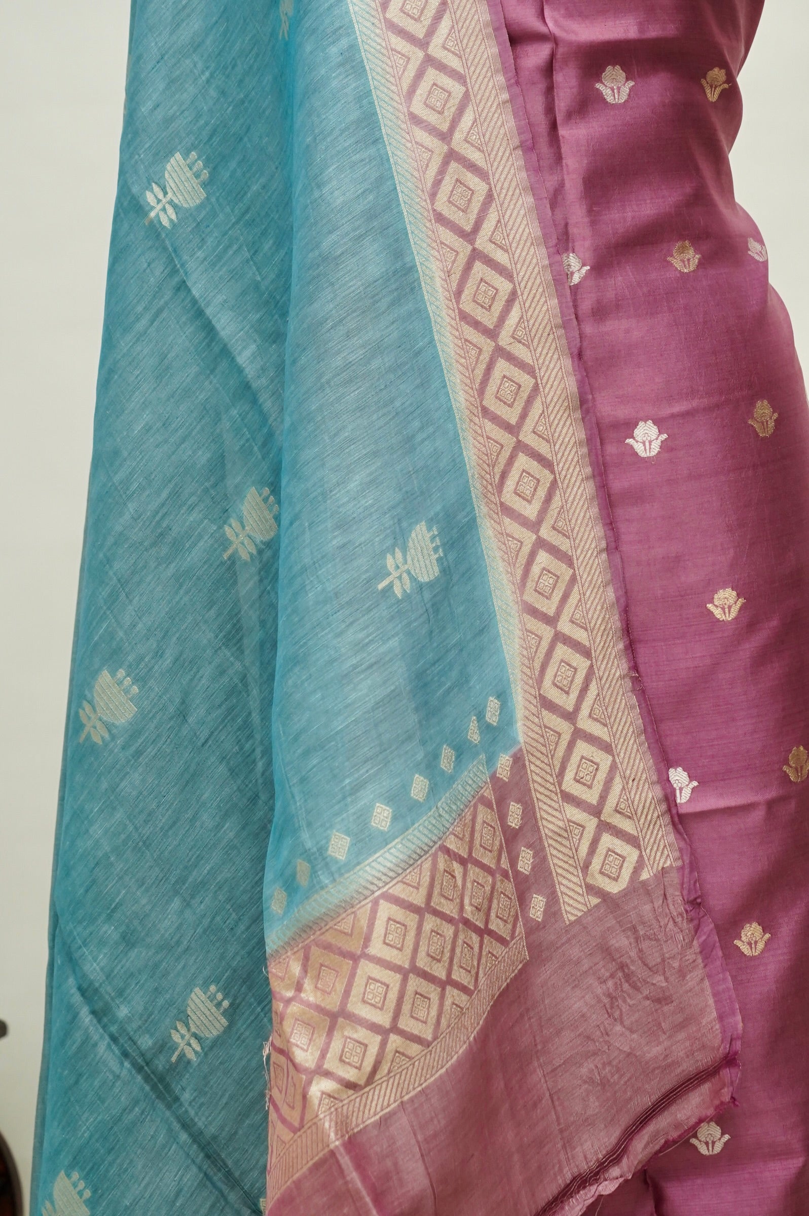 Pink Handwoven Banarasi Pure Katan Silk Suit with Aqua Blue Dupatta