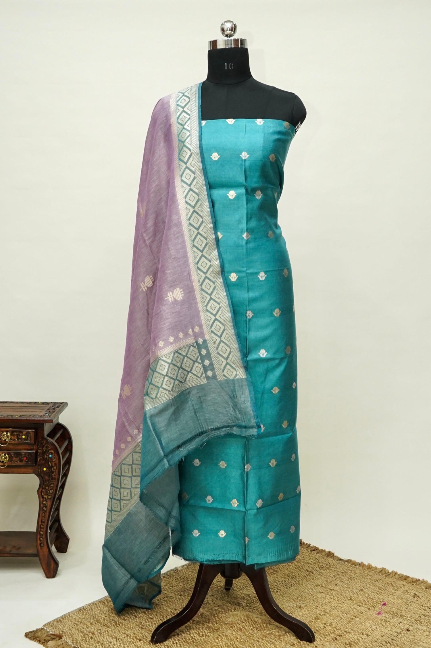 Teal Handwoven Banarasi Pure Katan Silk Suit with Lilac dupatta