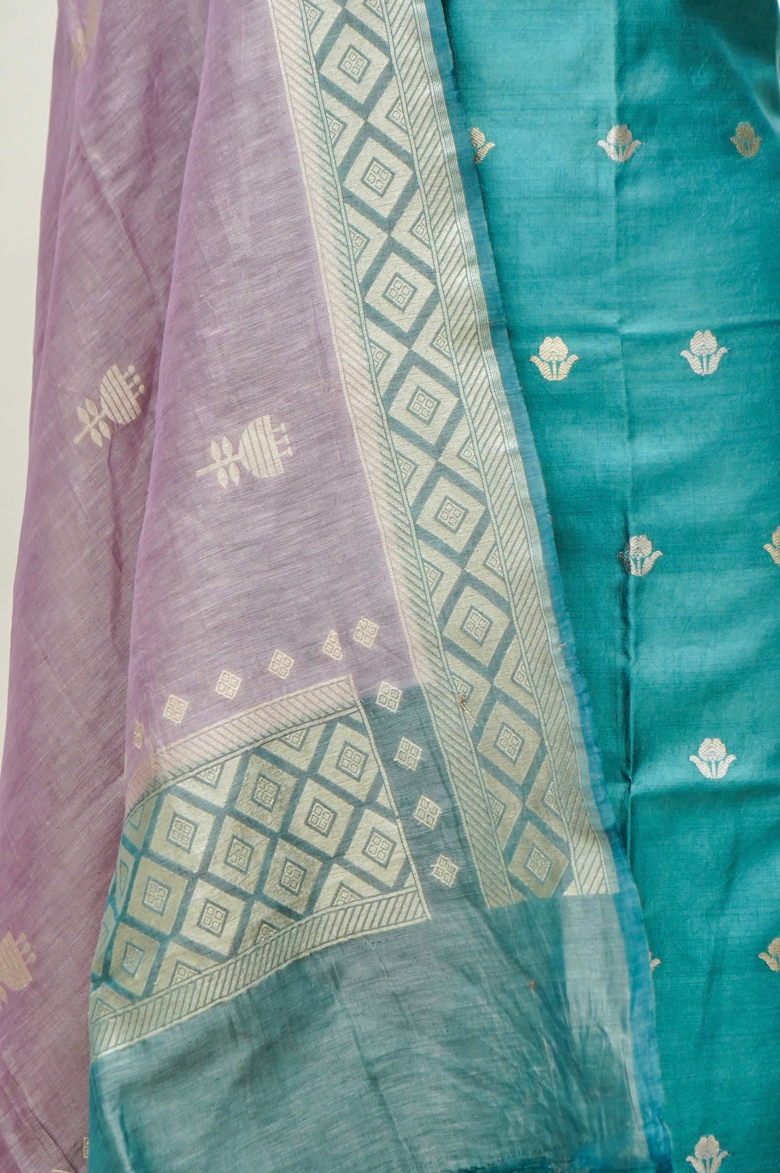 Teal Handwoven Banarasi Pure Katan Silk Suit with Lilac dupatta