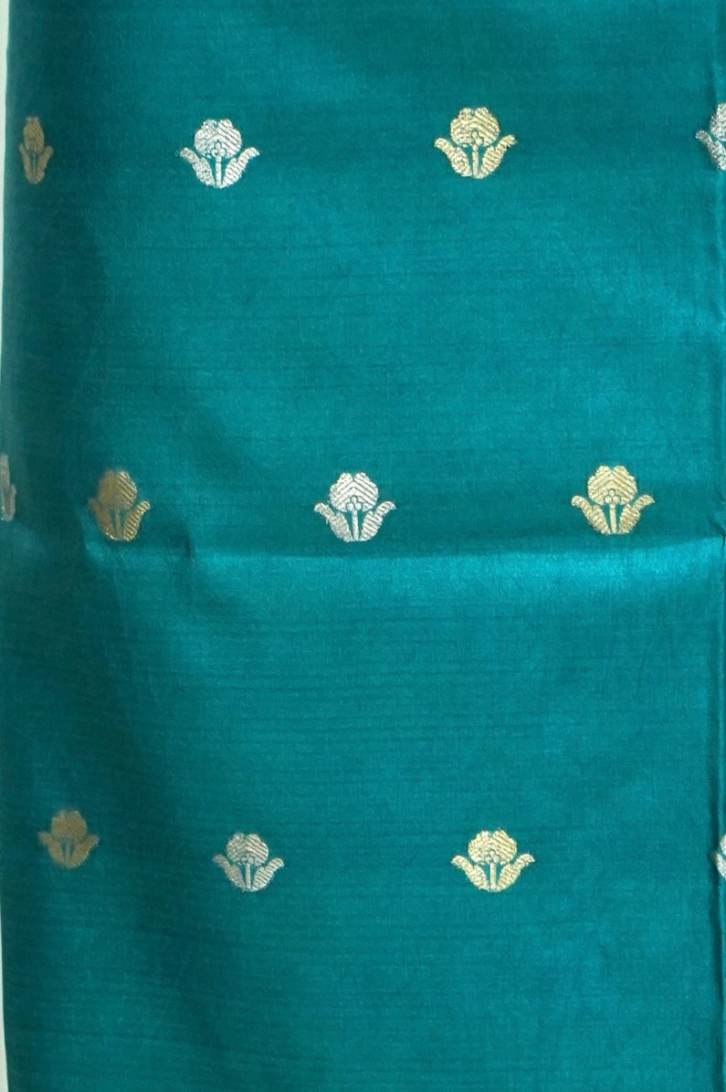 Teal Handwoven Banarasi Pure Katan Silk Suit with Lilac dupatta
