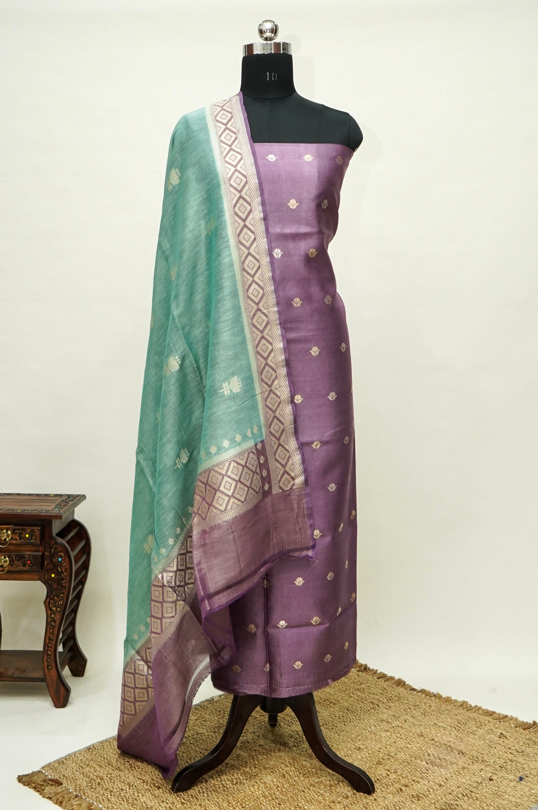 Mauve Purple Handwoven Banarasi Pure Katan Silk Suit with Aqua Green dupatta