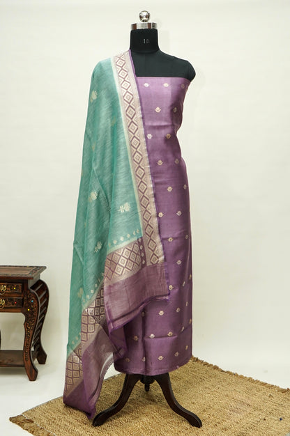 Mauve Purple Handwoven Banarasi Pure Katan Silk Suit with Aqua Green dupatta