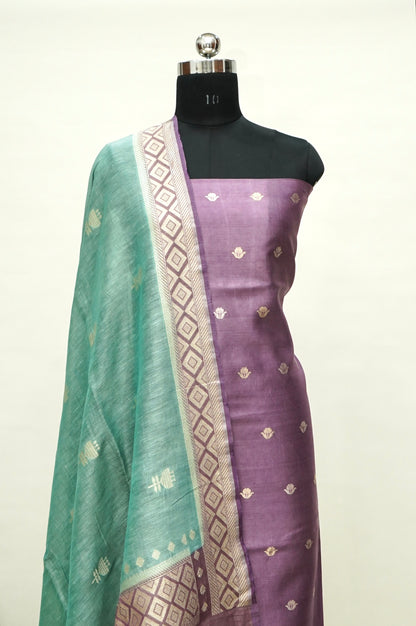 Mauve Purple Handwoven Banarasi Pure Katan Silk Suit with Aqua Green dupatta