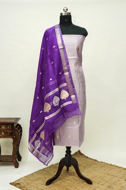 Soft pastel Handwoven Banarasi Pure Katan Silk Meenakari Suit with Purple Dupatta