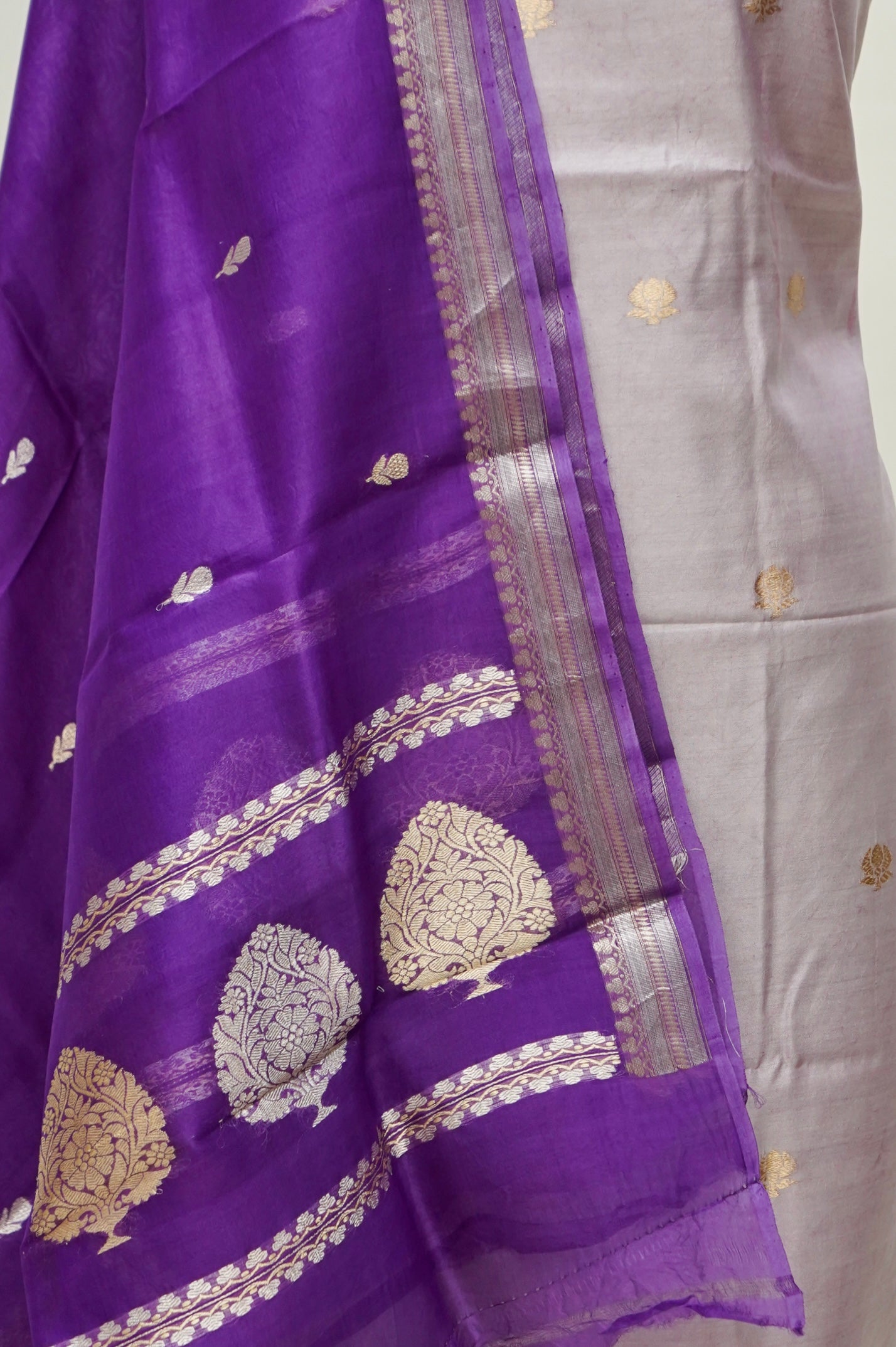 Soft pastel Handwoven Banarasi Pure Katan Silk Meenakari Suit with Purple Dupatta