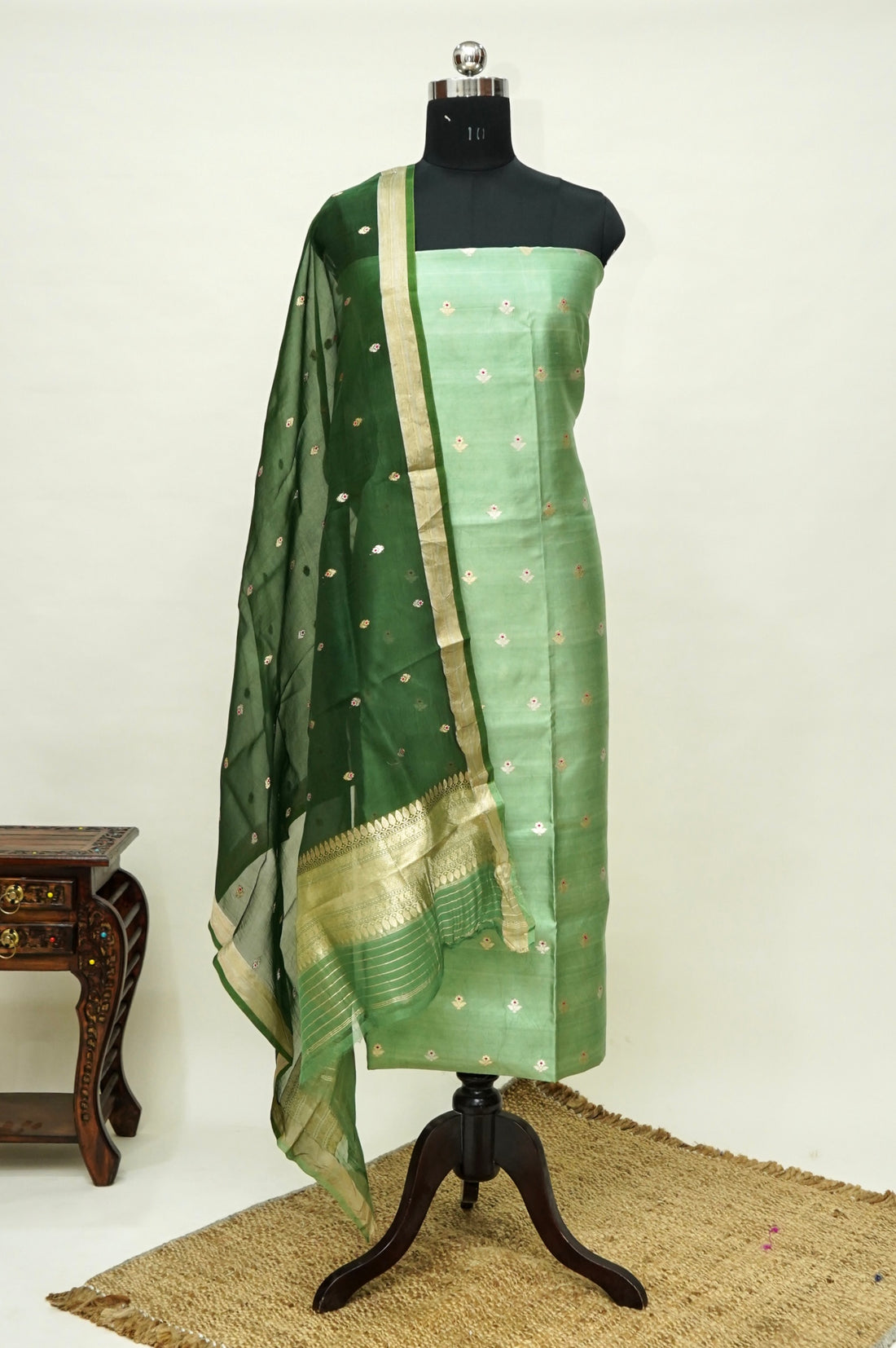 Mint green Handwoven Banarasi Pure Katan Silk Meenakari Suit with Dark green Dupatta
