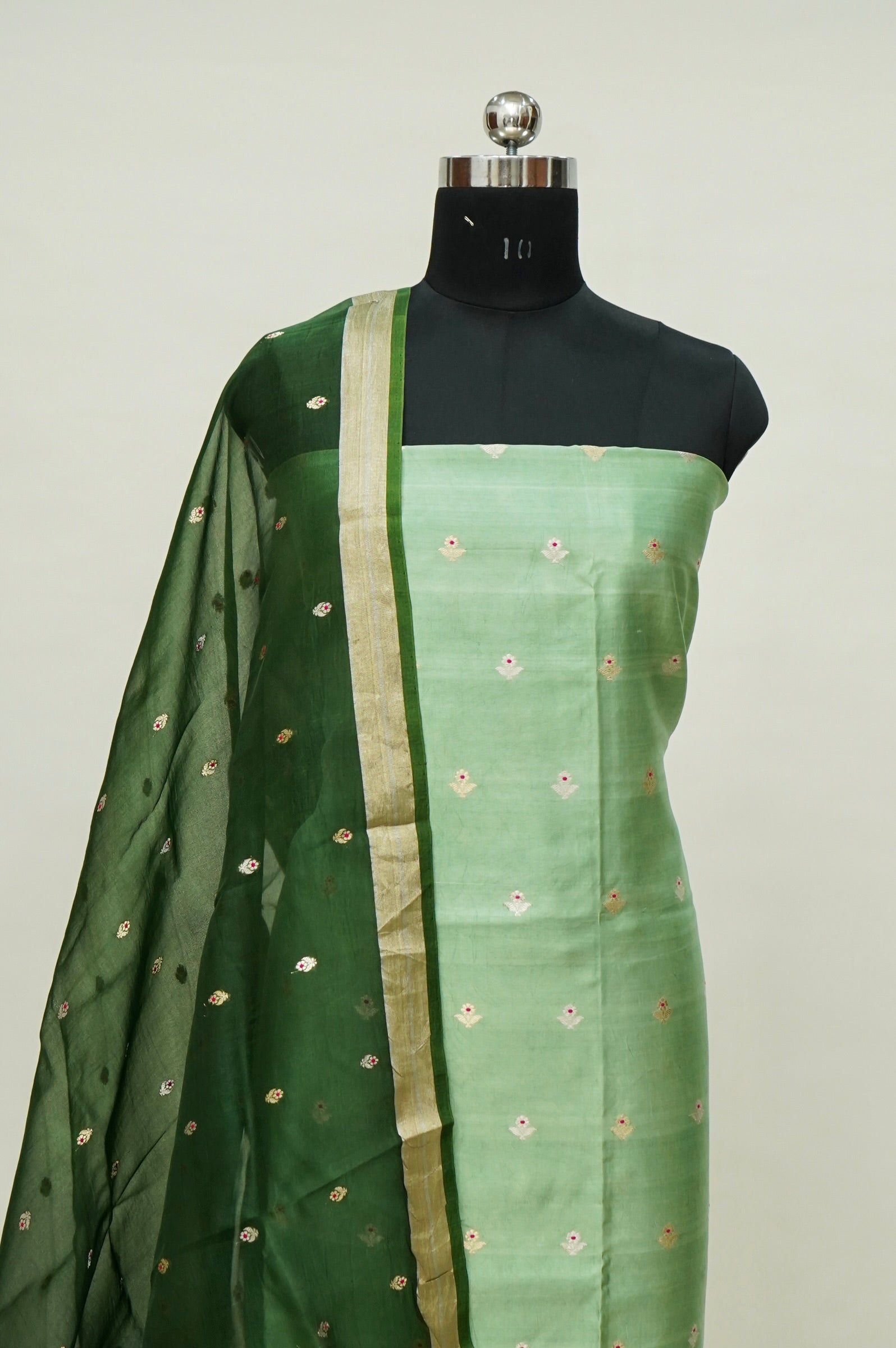 Mint green Handwoven Banarasi Pure Katan Silk Meenakari Suit with Dark green Dupatta