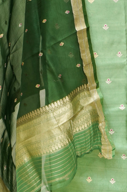Mint green Handwoven Banarasi Pure Katan Silk Meenakari Suit with Dark green Dupatta