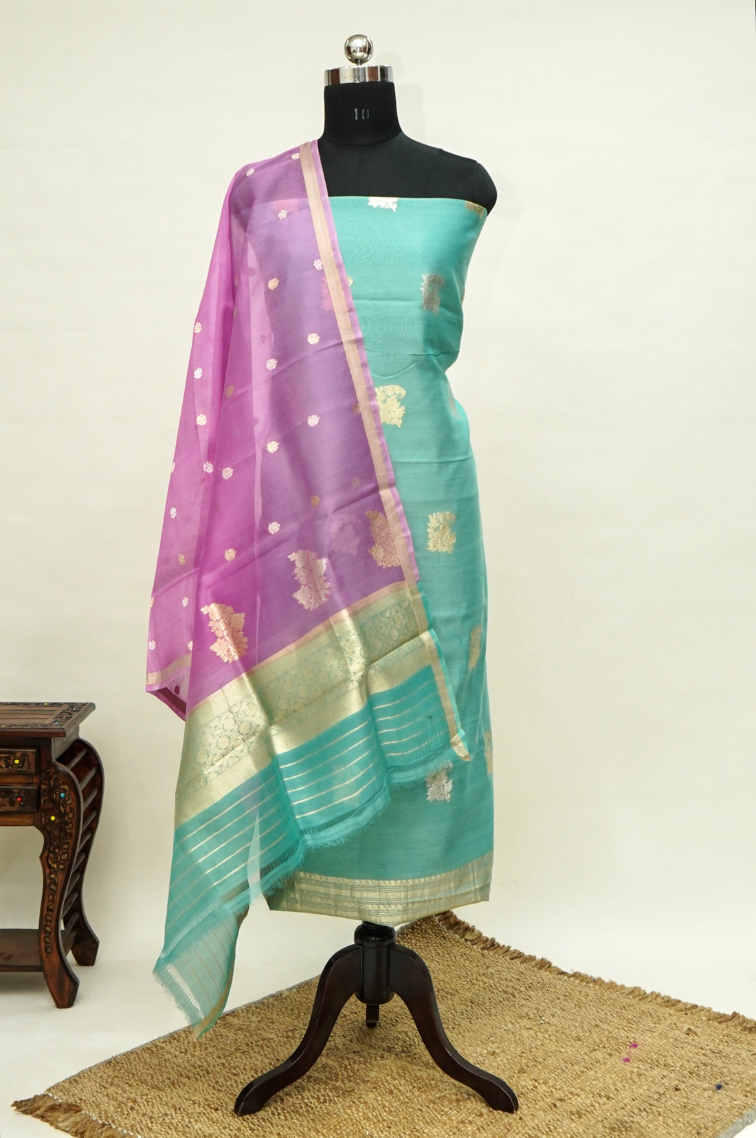 Handwoven Banarasi Pure Katan Silk Suit with Pink dupatta