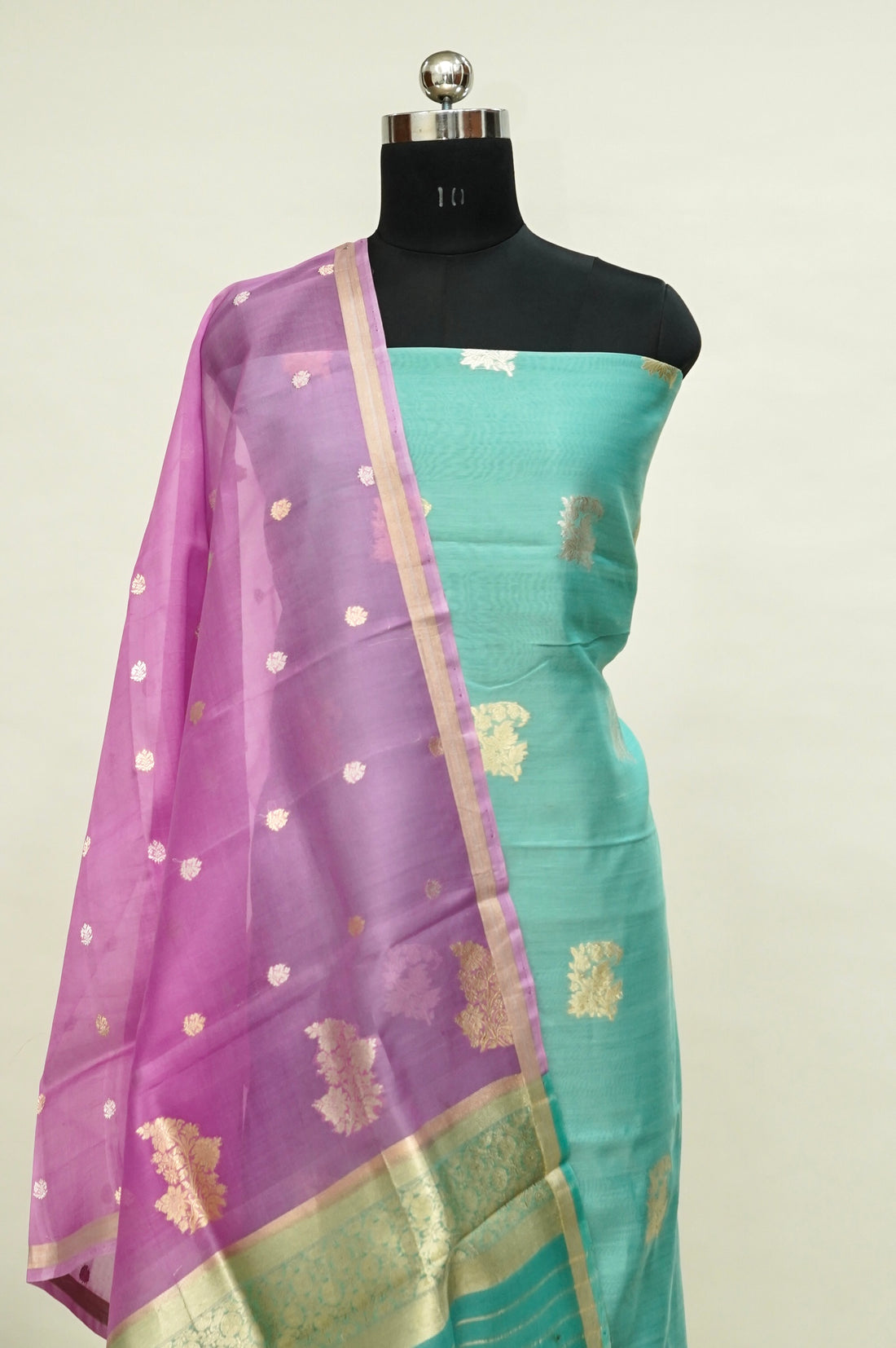 Handwoven Banarasi Pure Katan Silk Suit with Pink dupatta