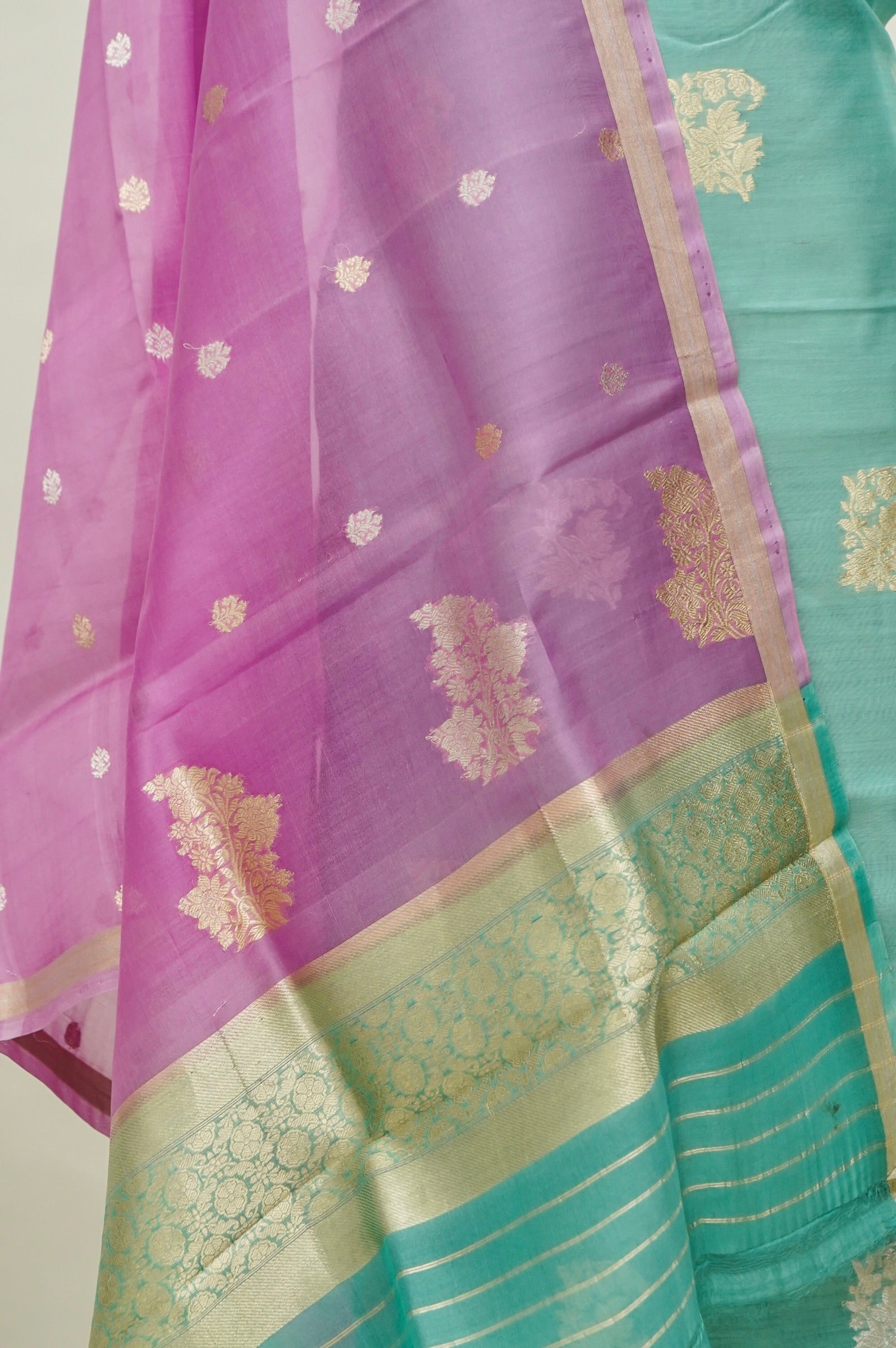 Handwoven Banarasi Pure Katan Silk Suit with Pink dupatta