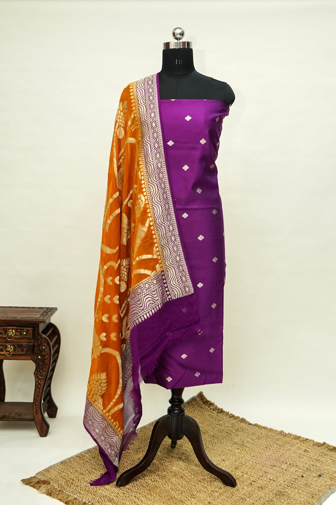 Purple Handwoven Banarasi Pure Katan Silk Suit with Orange Dupatta