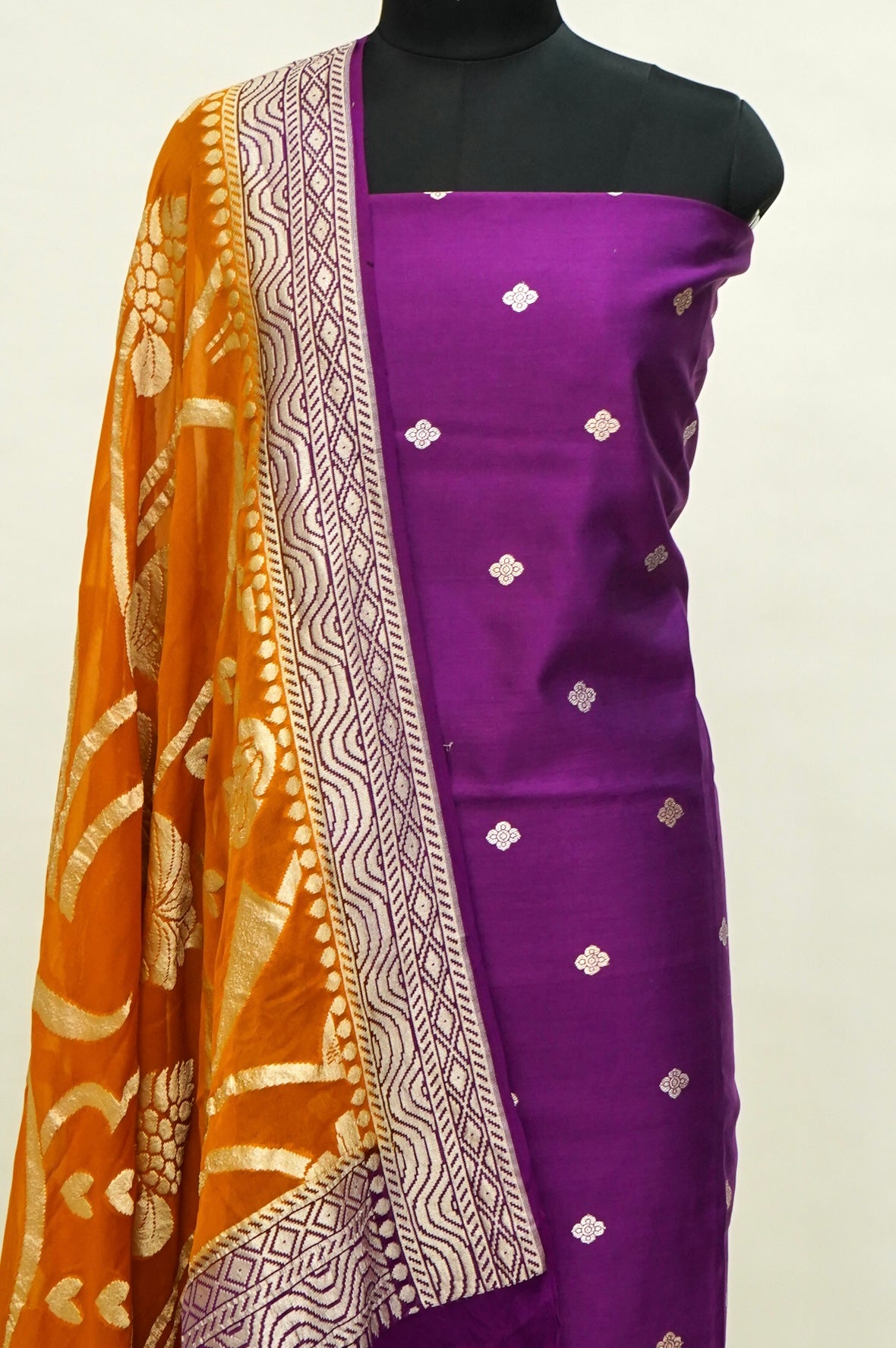 Purple Handwoven Banarasi Pure Katan Silk Suit with Orange Dupatta
