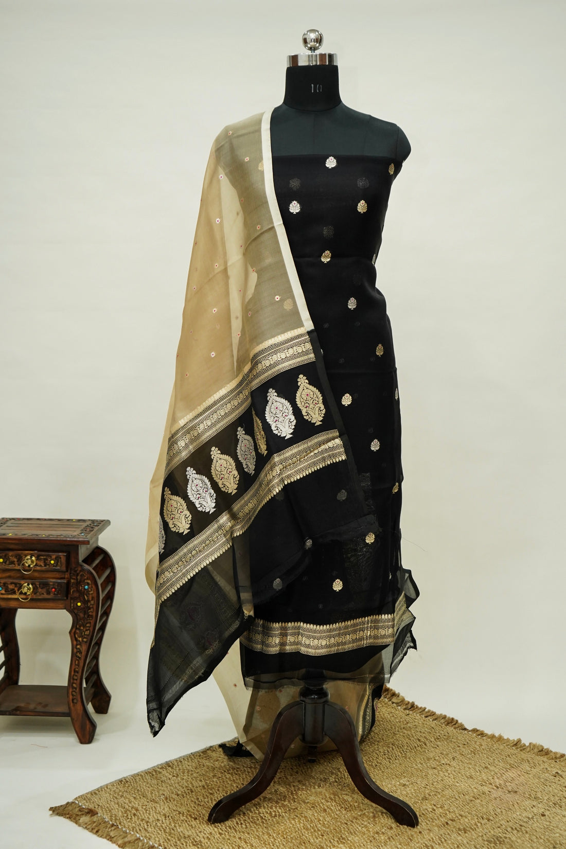 Black Handwoven Organza Suit with Beige Dupatta