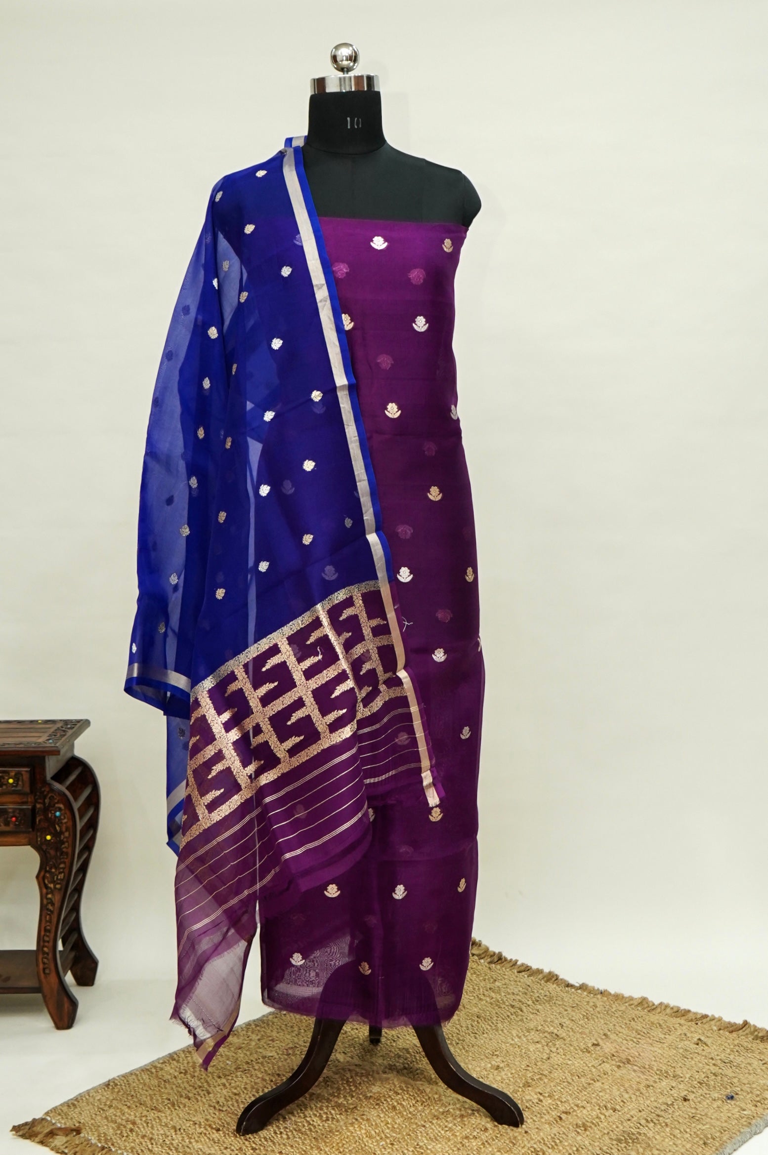 Purple Handwoven Organza Suit with Royal Blue Dupatta