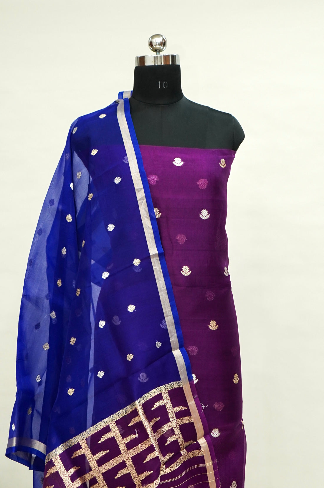 Purple Handwoven Organza Suit with Royal Blue Dupatta