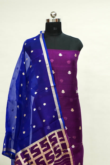 Purple Handwoven Organza Suit with Royal Blue Dupatta