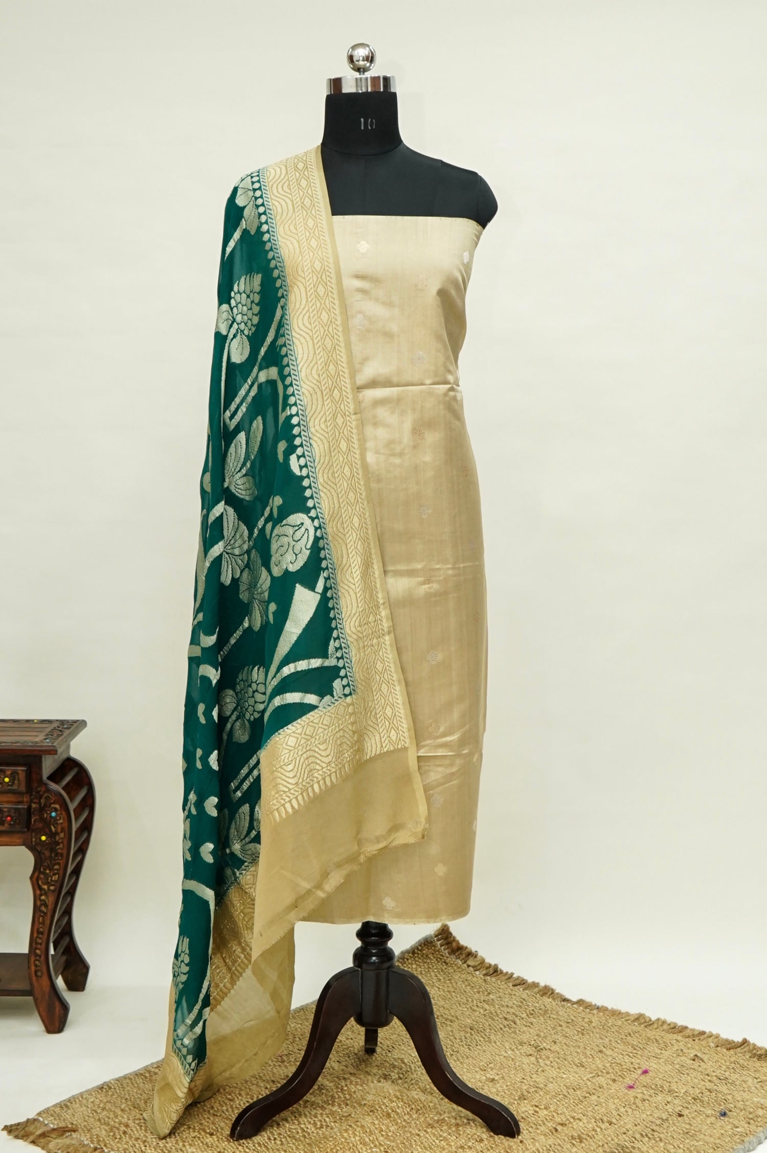 Beige Handwoven Banarasi Pure Katan Silk Suit with Bottle Green dupatta