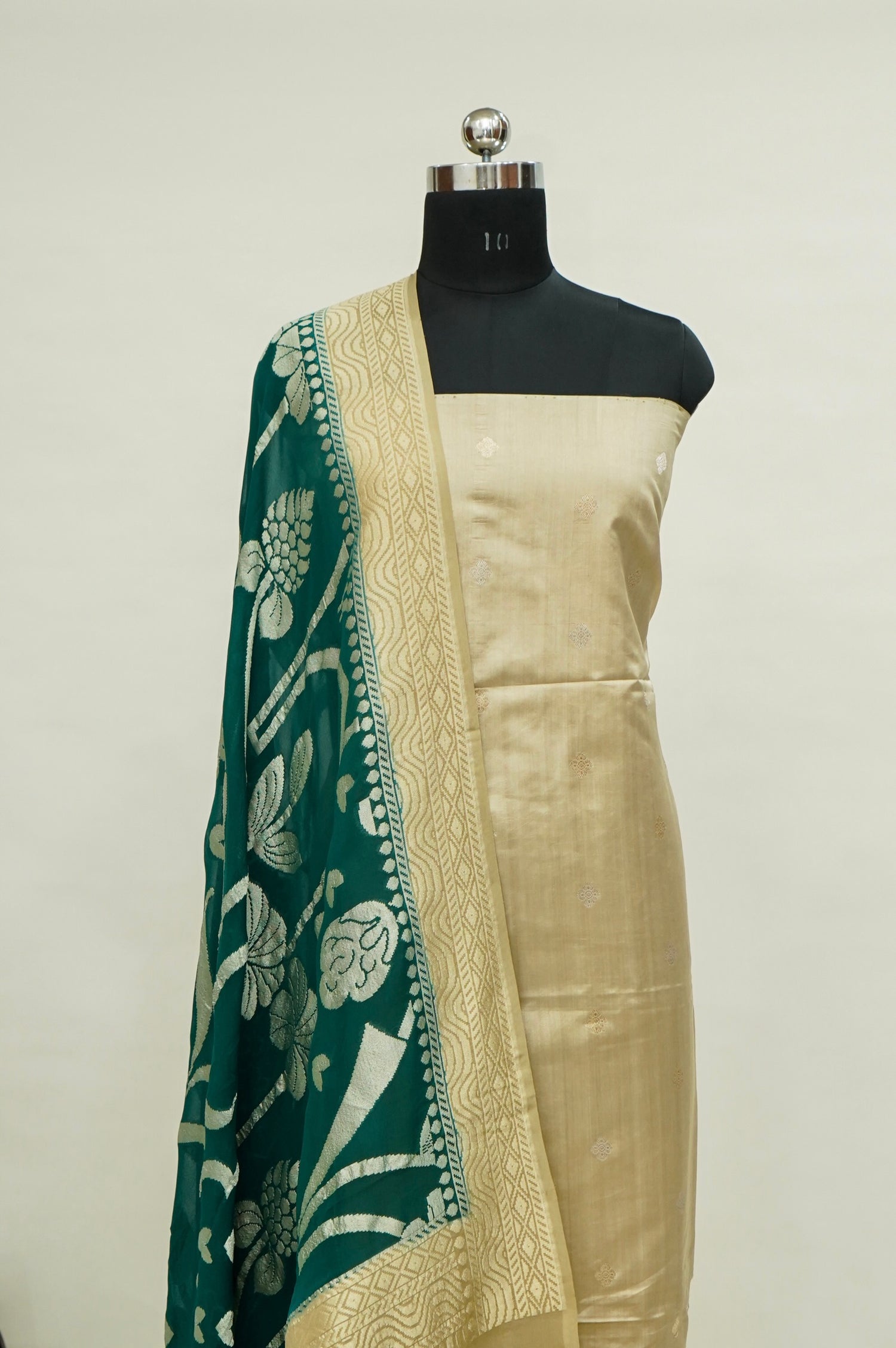 Beige Handwoven Banarasi Pure Katan Silk Suit with Bottle Green dupatta