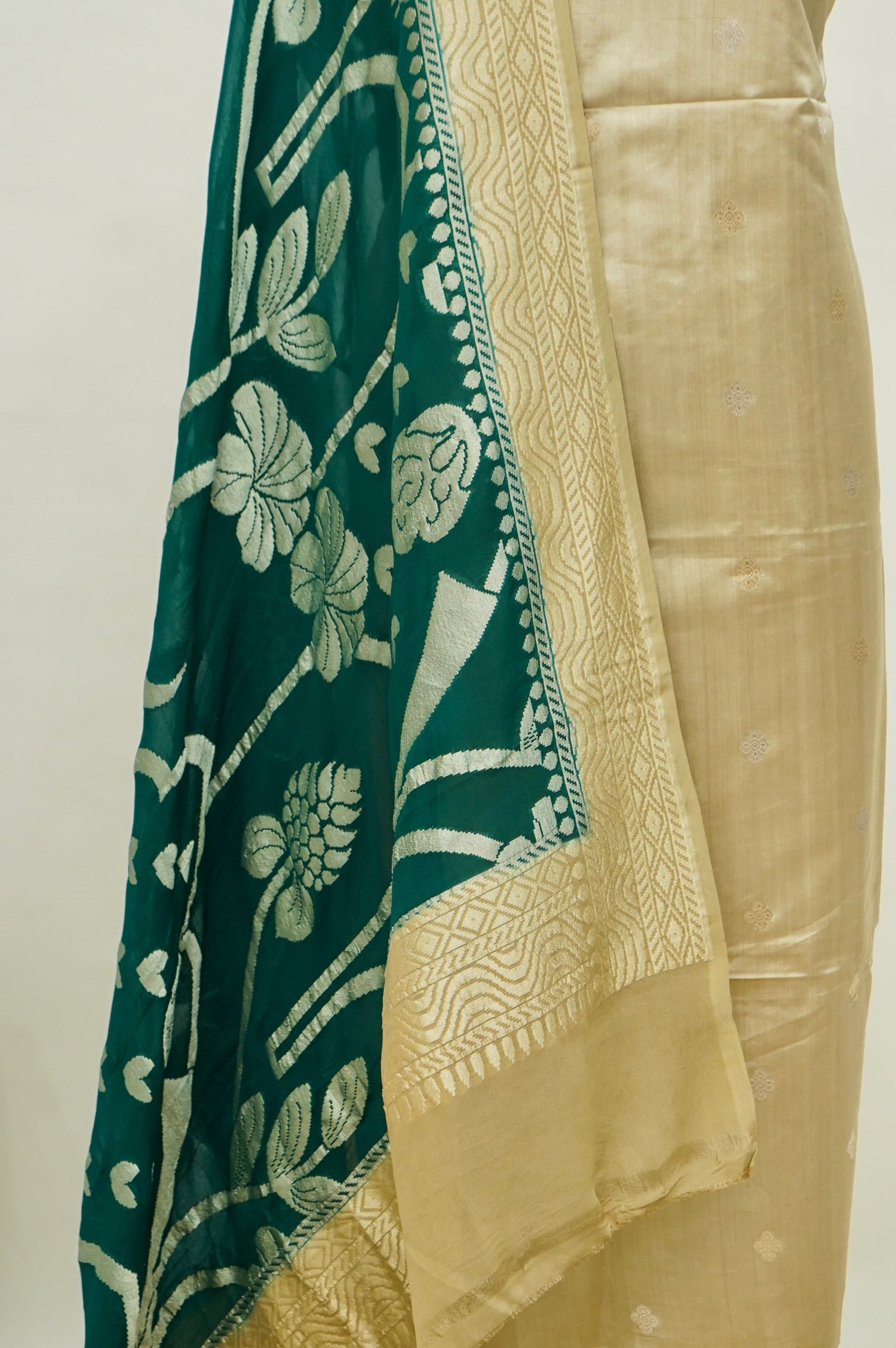 Beige Handwoven Banarasi Pure Katan Silk Suit with Bottle Green dupatta
