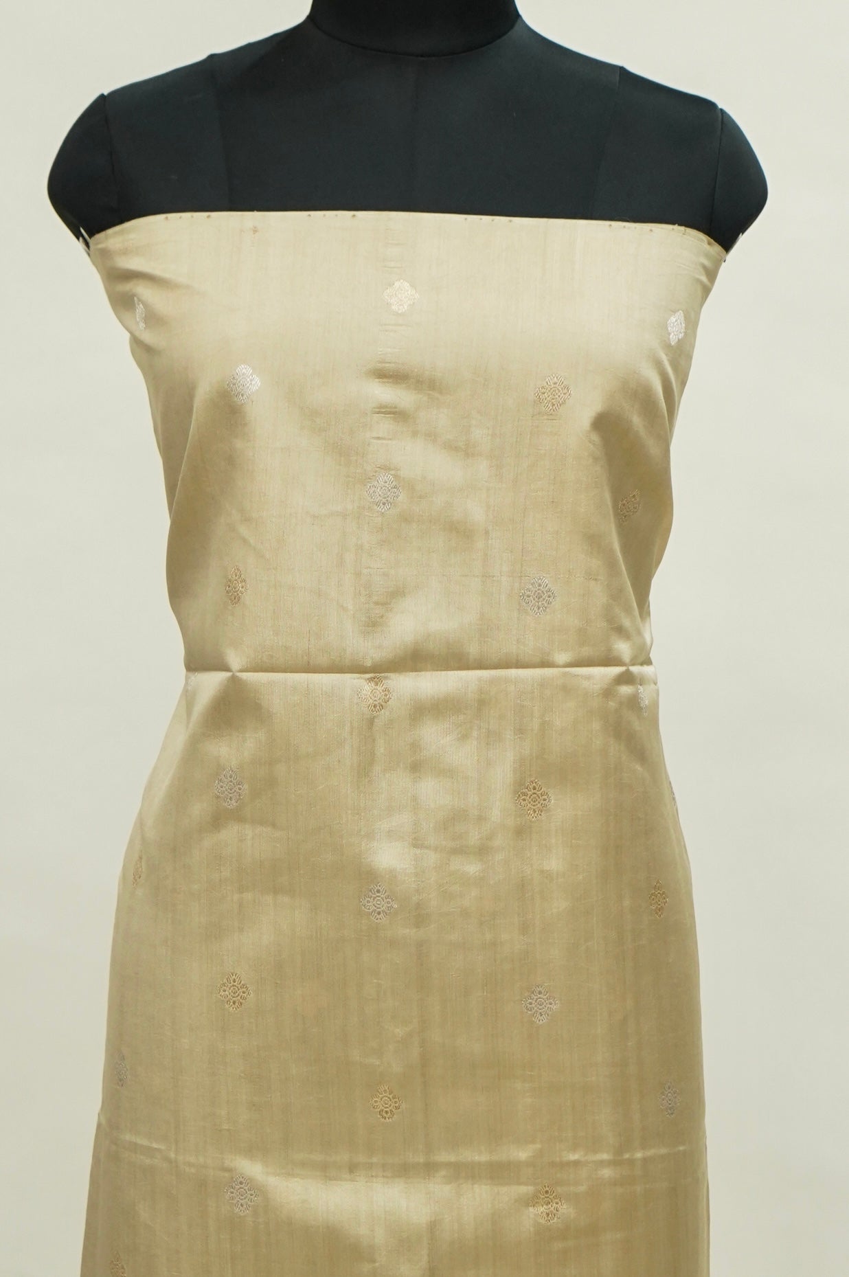 Beige Handwoven Banarasi Pure Katan Silk Suit with Bottle Green dupatta