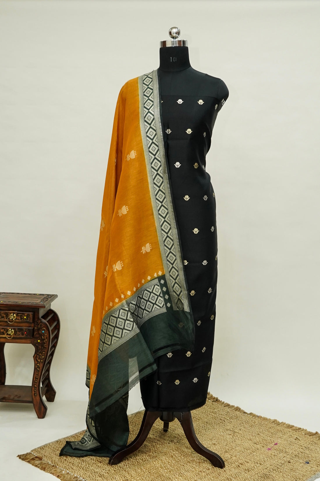 Black Handwoven Banarasi Pure Katan Silk Suit with Mustard dupatta