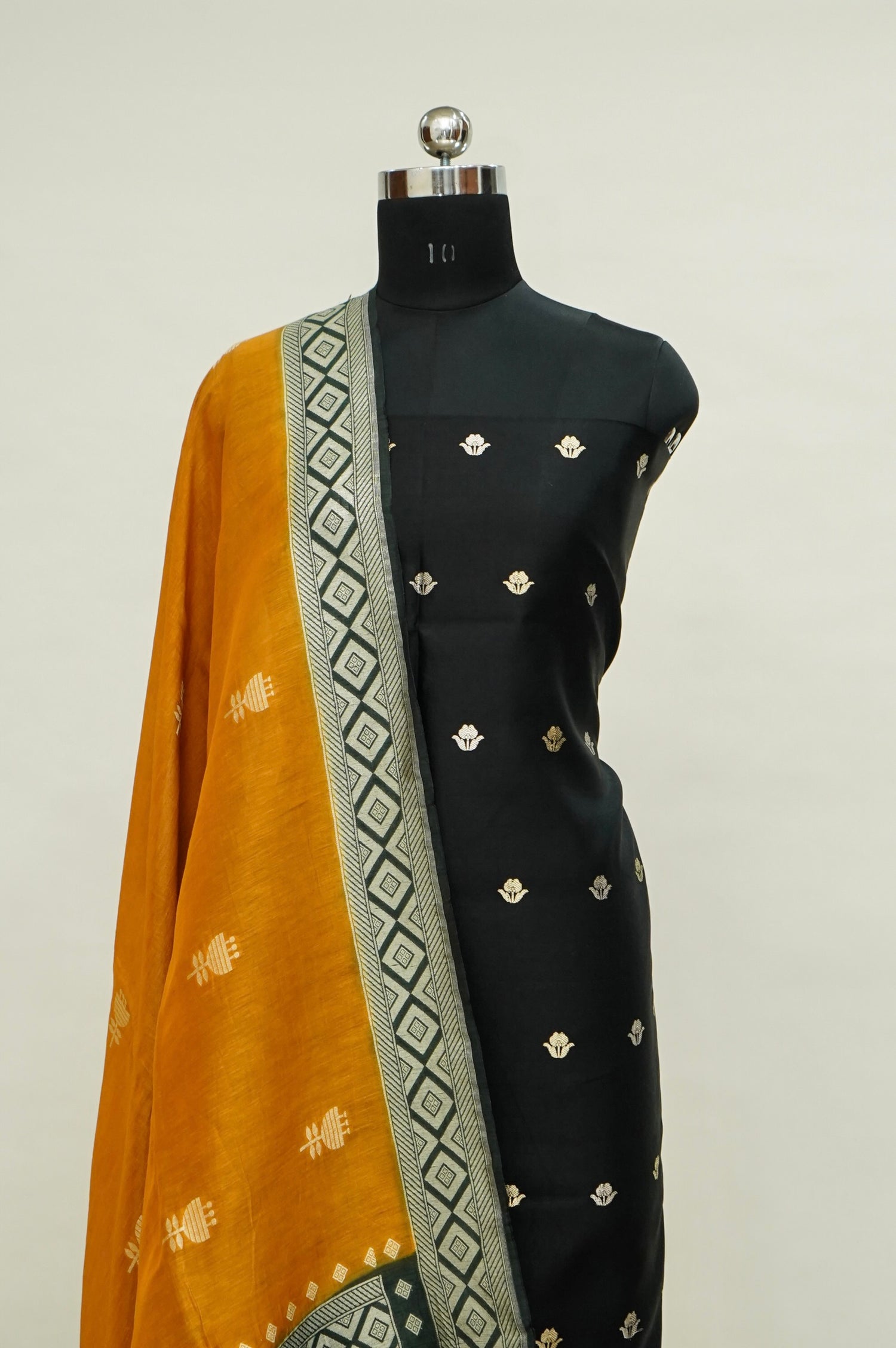 Black Handwoven Banarasi Pure Katan Silk Suit with Mustard dupatta