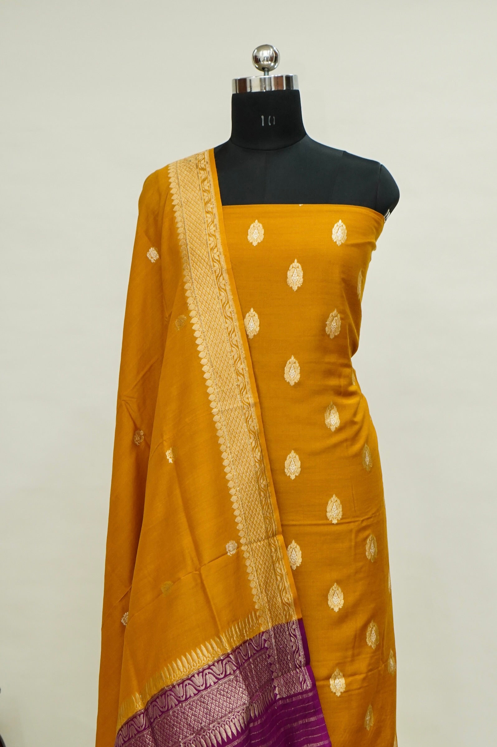 Mustard Handwoven Banarasi Pure Katan Silk Suit with Purple Dupatta