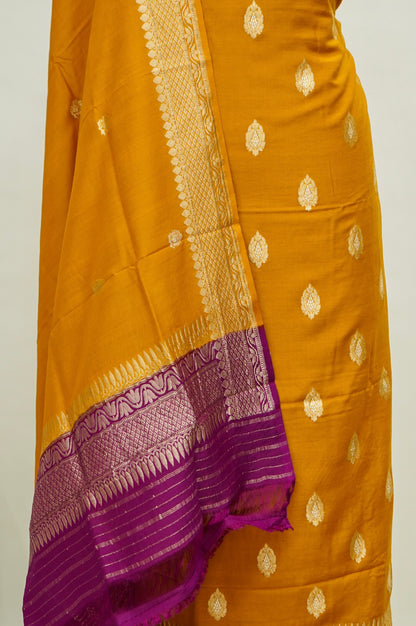 Mustard Handwoven Banarasi Pure Katan Silk Suit with Purple Dupatta