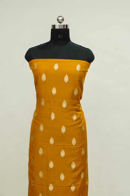 Mustard Handwoven Banarasi Pure Katan Silk Suit with Purple Dupatta