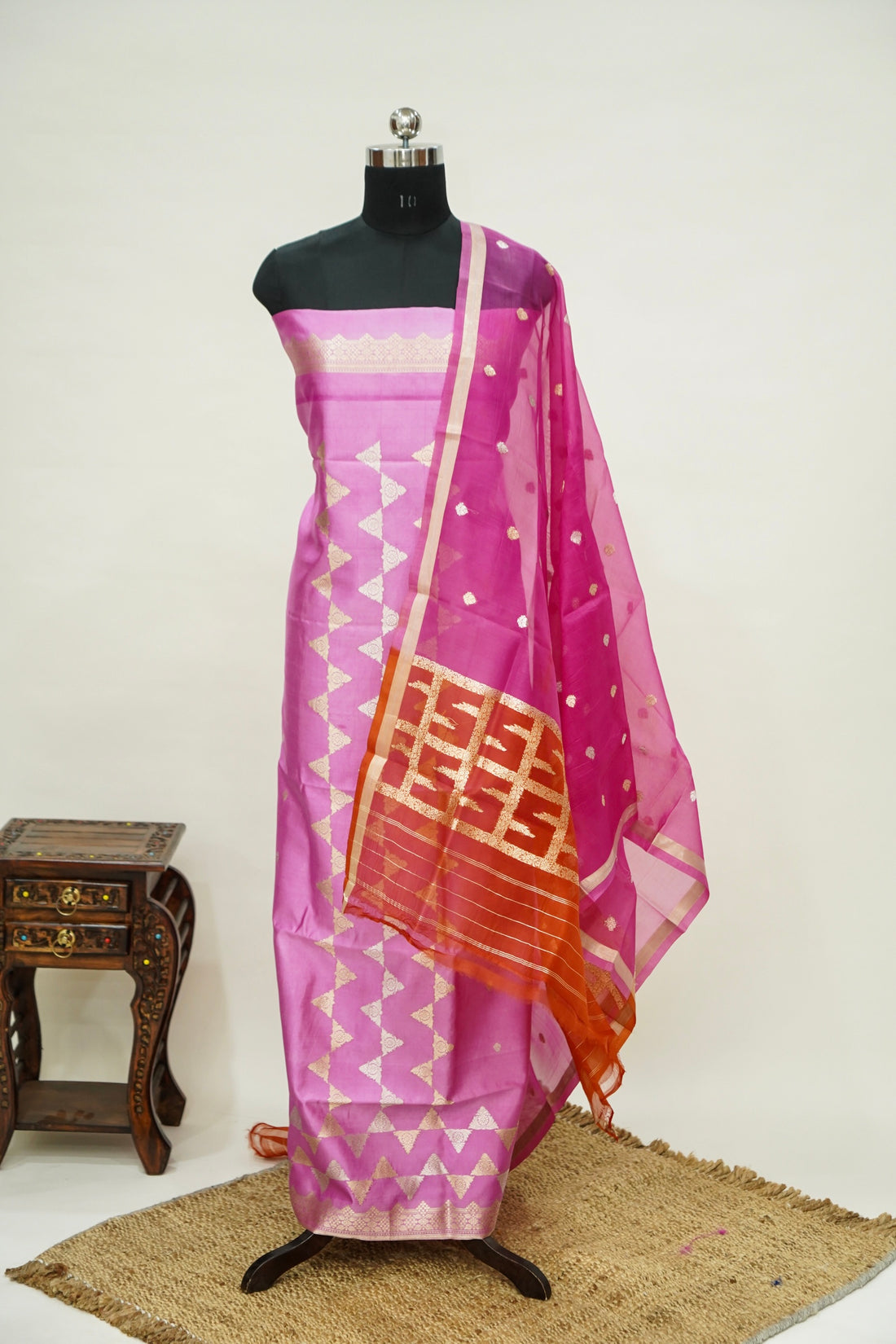 Rani Pink Handwoven Banarasi Pure Katan Silk Designer Suit with dual-tone Pink and Orange Dupatta